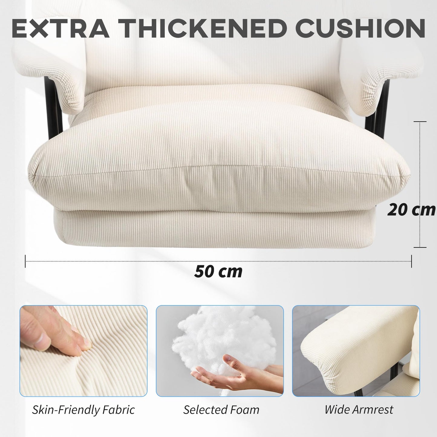 HOMCOM Large Overstuffed Office Chair with Lumbar Support, High Back Reclining Executive Corduroy Computer Desk Chair with Footrest, Swivel Wheels, Cream White