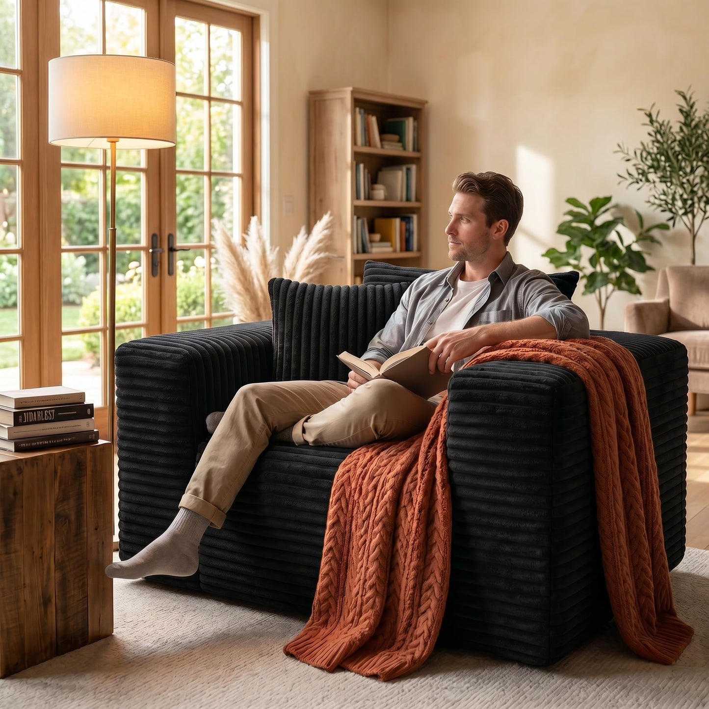 Trygoal Boneless Single Sofa Chair for Adult, Corduroy Cloud Lounge Chair with 2 Pillows & Wide Armrests, High-Density Foam Reading Couches for Living Room & Office, No Assembly Required, Black