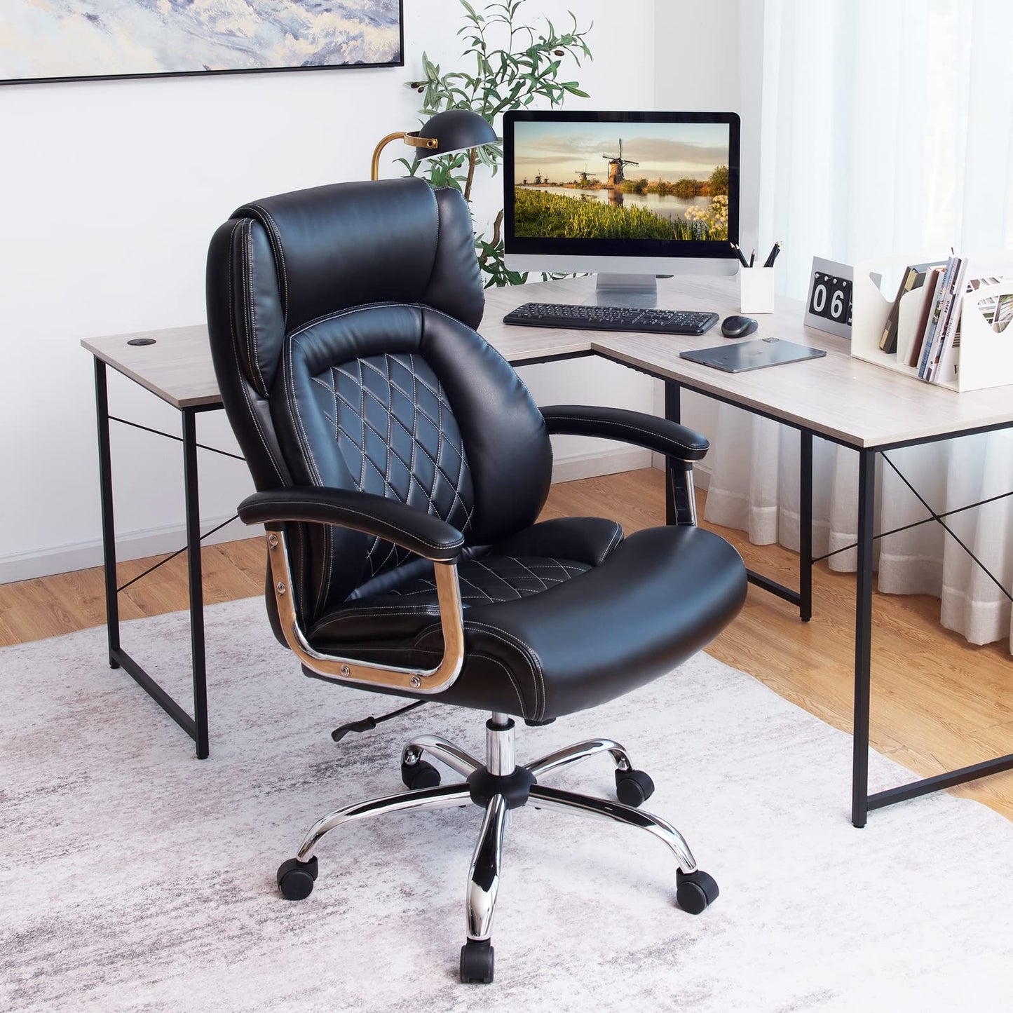 Giantex 500LBS Leather Office Chair, Height Adjustable Big and Tall Executive Chair, Computer Desk Chair w/Metal Base, Padded Armrest, Rocking Backrest, Swivel Task Chair w/Extra Wide Seat, Black
