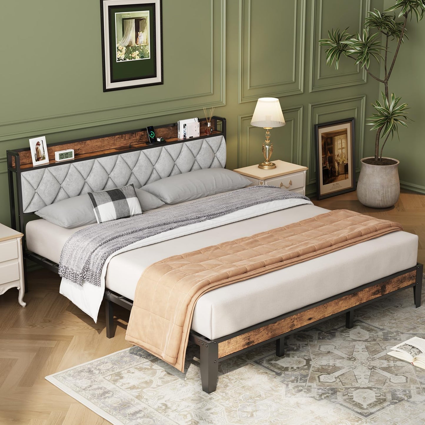 DUMOS King Size Upholstered Platform Bed Frame, King Bed with Storage Drawers and Fabric Headboard, Wooden Slats Support, 1323 lbs Weight Capacity, No Box Spring Needed, Easy Assembly, Gray