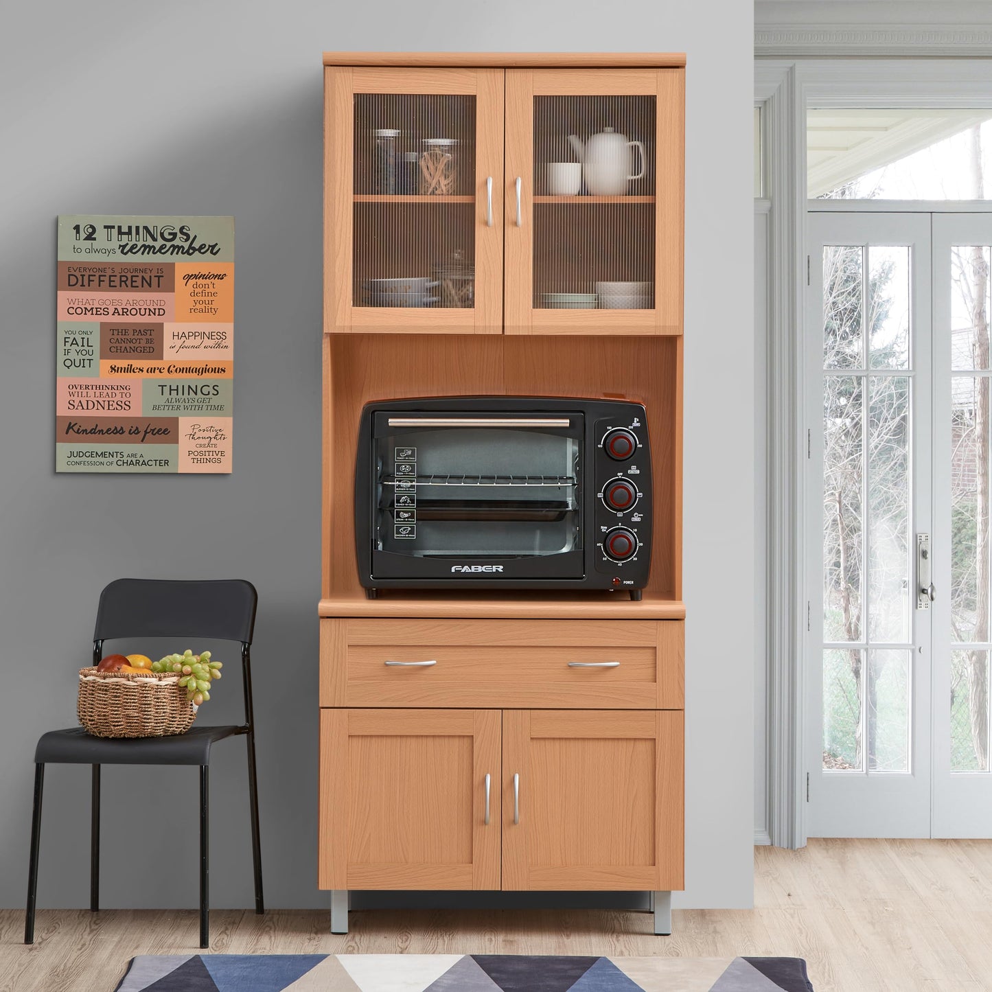 HODEDAH IMPORT Tall Standing Kitchen Cabinet with Top and Bottom Enclosed Cabinet Space, 1-Drawer, Large Open Space for Microwave in Beech
