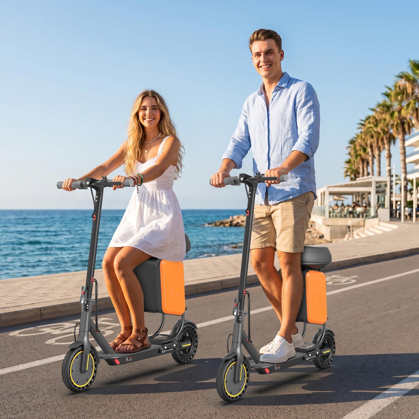 Qlaway Electric Scooter with Seat for Adults, 8.5'' Solid Tires, 19MPH,350W Powerful Motor,22 Miles Range,Foldable & Portable Commuter Escooter with Dual Braking and Lighting System,APP Control - Gray