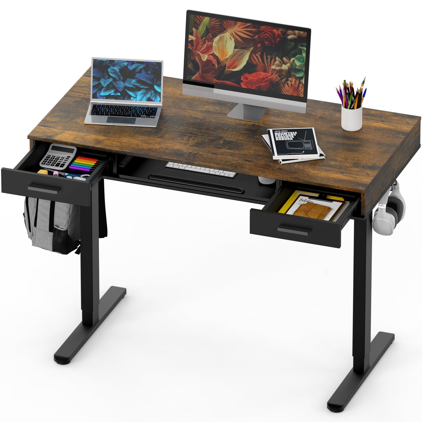 SHW 48-Inch Electric Height Adjustable Desk with Keyboard Tray and 2 Drawers, Rustic Brown
