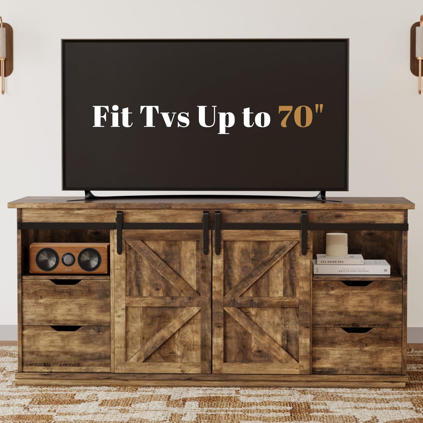 YESHOMY Farmhouse TV Stand for Televisions up to 65 Inch, Wood Entertainment Center with Sliding Barn Doors and 4 Storage Drawers, 58’’ Media Console Cabinet with Shelves for Living Room, Barnwood