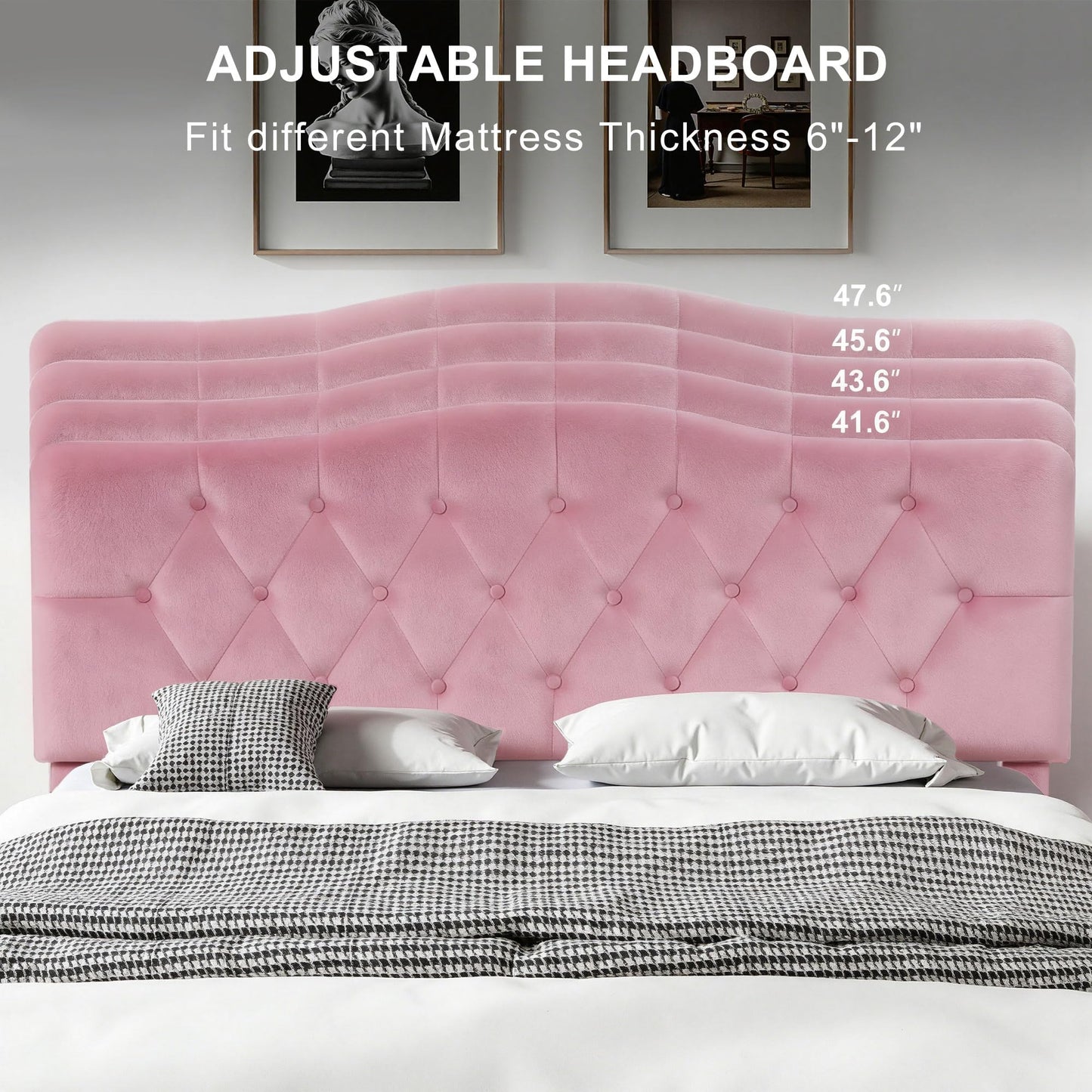 VECELO Queen Size Bed Frame with Upholstered Headboard, Velvet Platform Bedframe Mattress Foundation, Sturdy Wooden Slats Support,No Box Spring Needed Noise Free/Easy Assembly,Pink