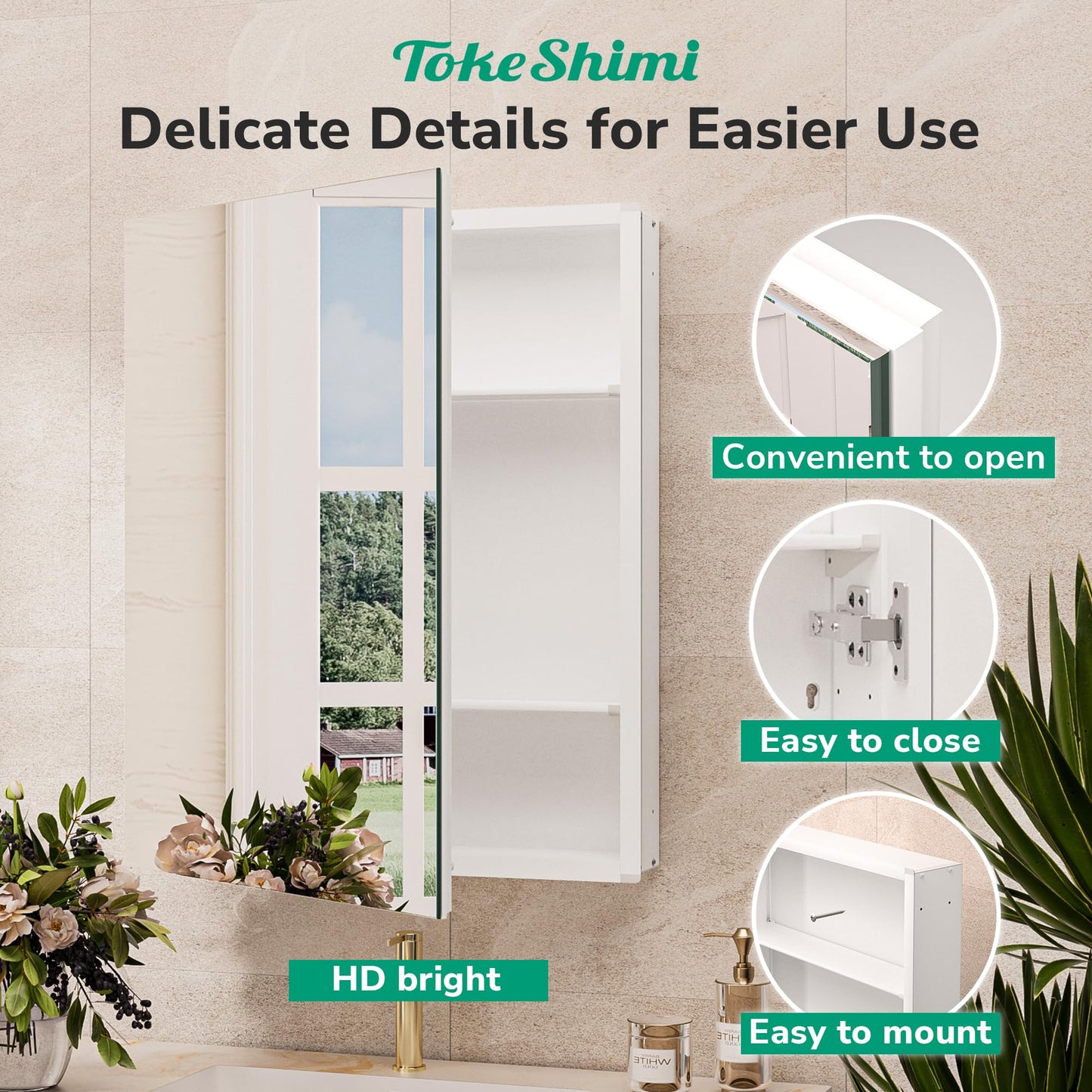TokeShimi 30x26 Medicine Cabinet Mirror with Storage Tempered Aluminum Recessed or Wall Mounted Cabinet White with Stepless Adjustable Metal Shelves for Bathroom Vanity Modern Farmhouse