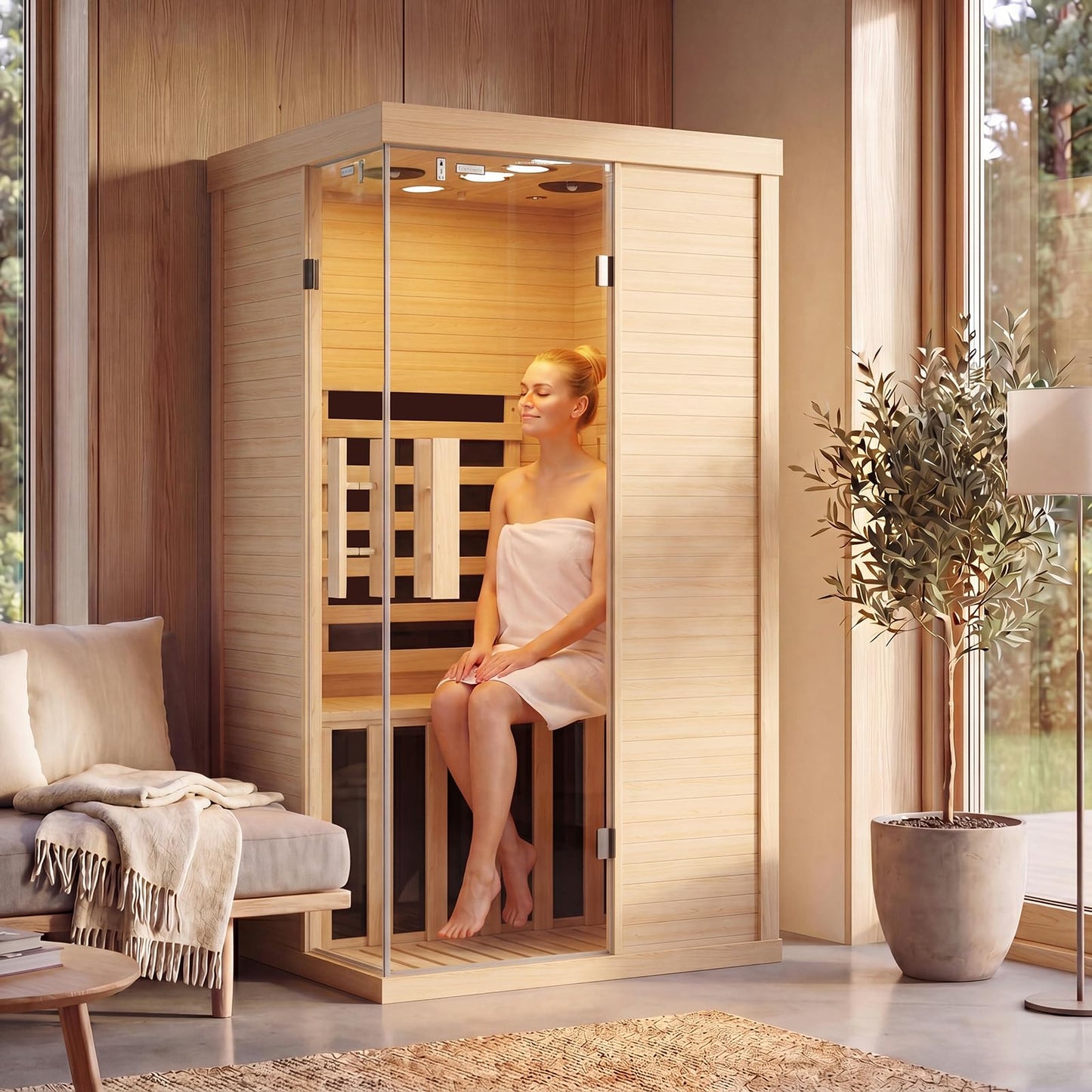 Infrared Sauna for Home, Sauna Spa Room Canadian Hemlock Wood with 10-Color Light , Bluetooth Speakers, Tempered Glass & Control Panel - 149℉ Heating, Indoor Dry & Steam Sauna – 33.5" x 33.5" x 67"