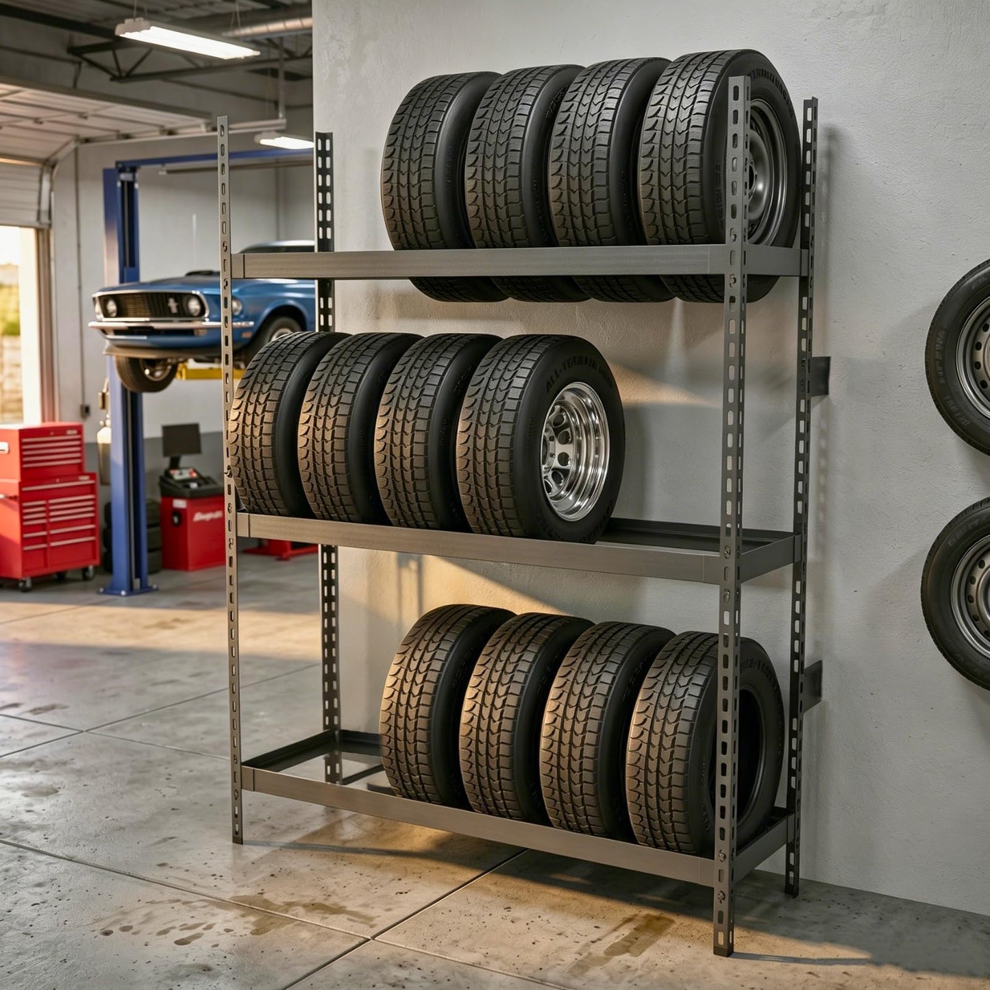NULTRUMA 3-Tier Wall Mounted Industrial Tire Rack, Heavy Duty Steel Construction with 1500 lbs Shelf Capacity, 59" W x 18" D x 78" H, for Garage Passenger & Light Truck Tires, Assembly Required