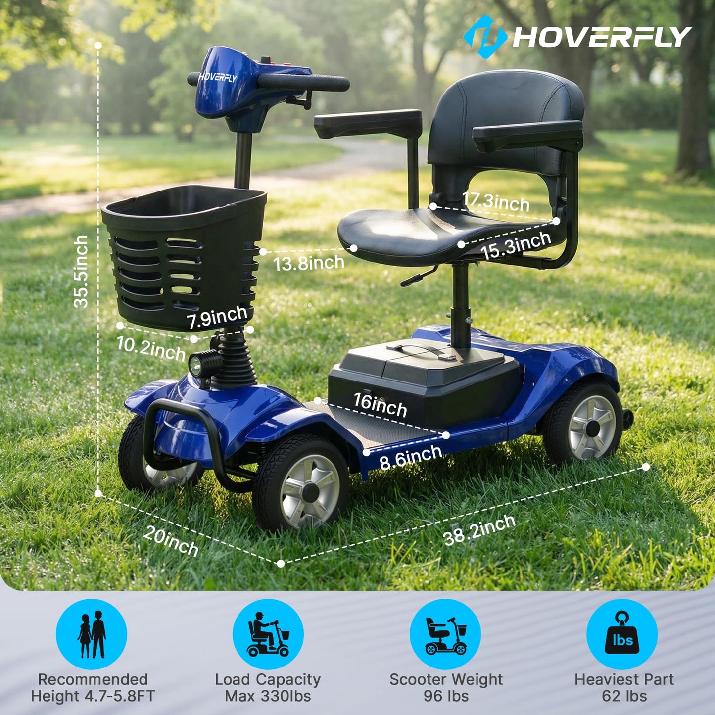 Hoverfly T4 Mobility Scooter for Seniors, Max 12.4-Mile Range & 3.7 mph, 3-Position Seat & Anti-slip Rear Wheel, Removed Battery&Quick Fold Design, Solid 9" Tire&330 lb Capacity, Ease of Assembly Blue