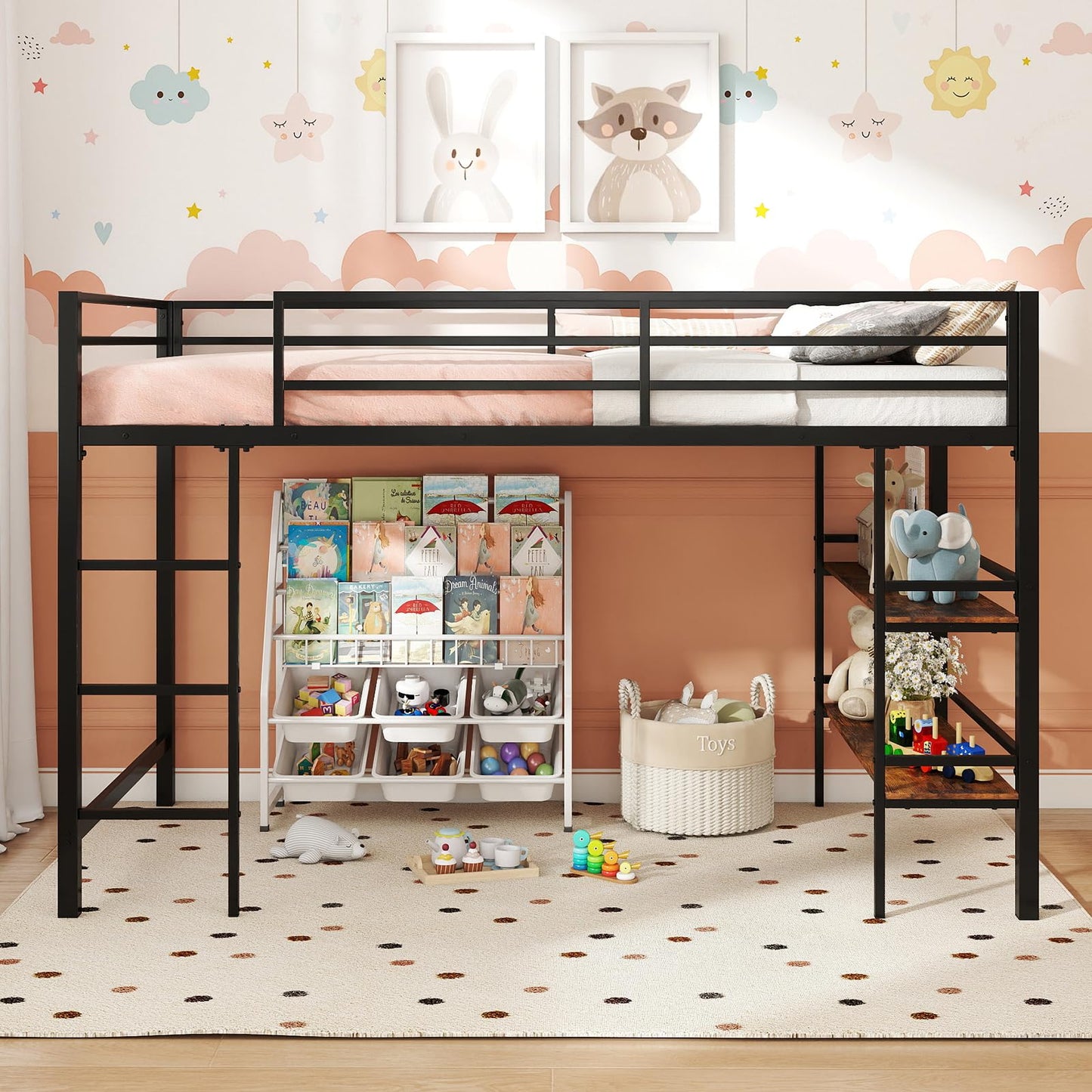 KOMFOTT Twin Size Metal Loft Bed w/Storage Shelves, Heavy Duty Metal Bed Frame w/Safety Guardrails & Ladder, Space-Saving Low Loft Bed for Kids Junior, Under-Bed Space, No Box Spring Needed (Black)