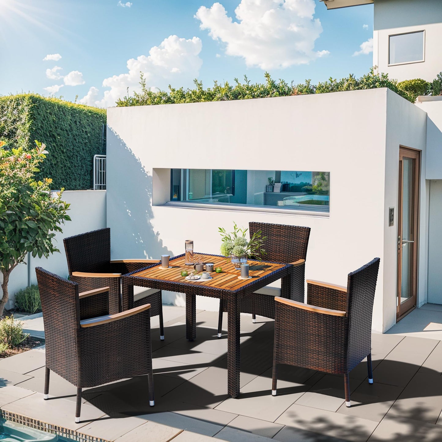Shintenchi 5 PCS Patio Dining Set, Wicker Outdoor Table and Chairs with Soft Cushions, Patio Furniture Set with Wood Table Top for Backyard, Deck and Garden, Brown Rattan