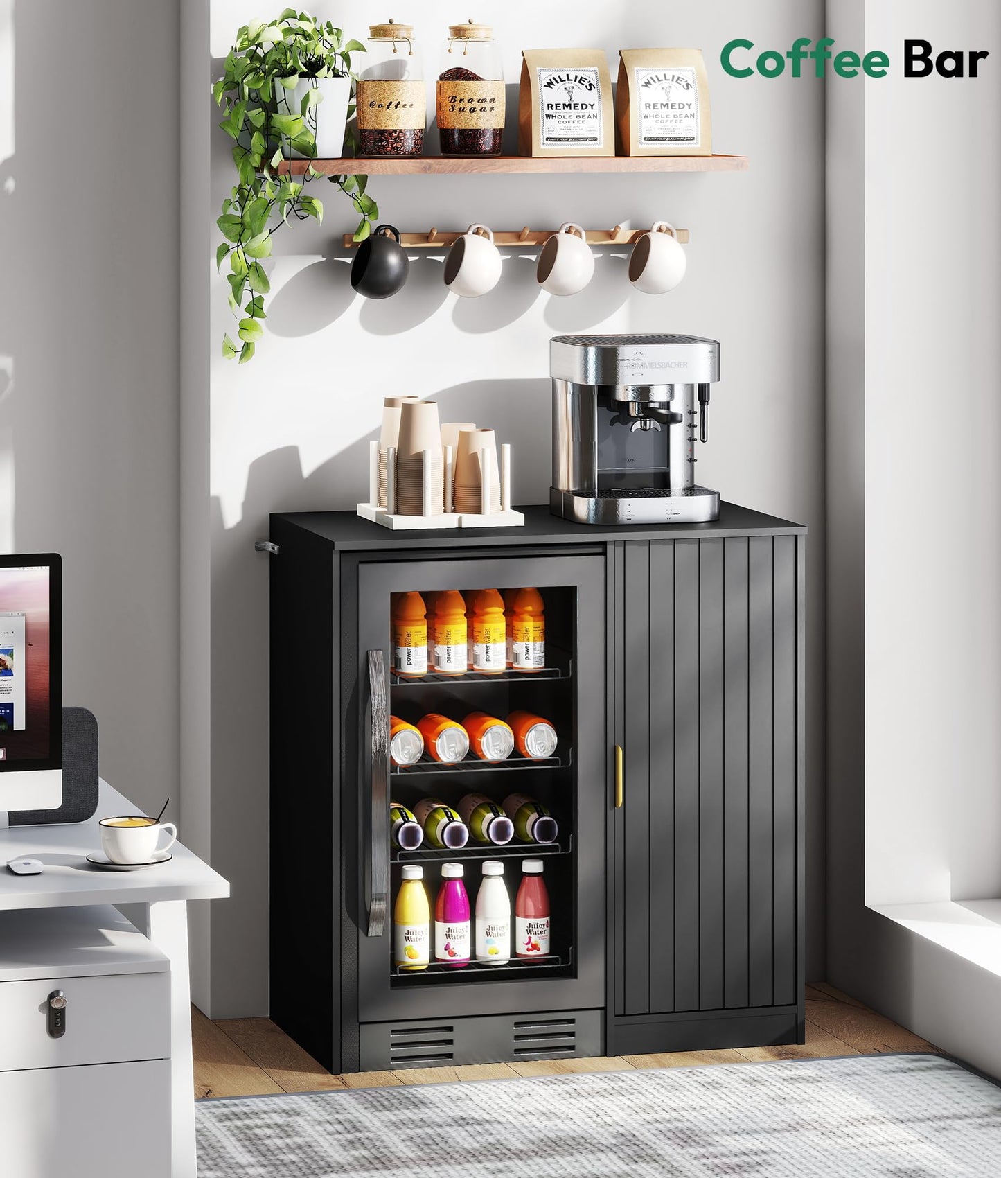 Lamtor Mini Fridge Cabinet with Storage - Snack Bar Cabinet with Power Outlet, Fluted Coffee Bar with Mini Fridge Space for Home Theater,Game Room,Living Room, Black