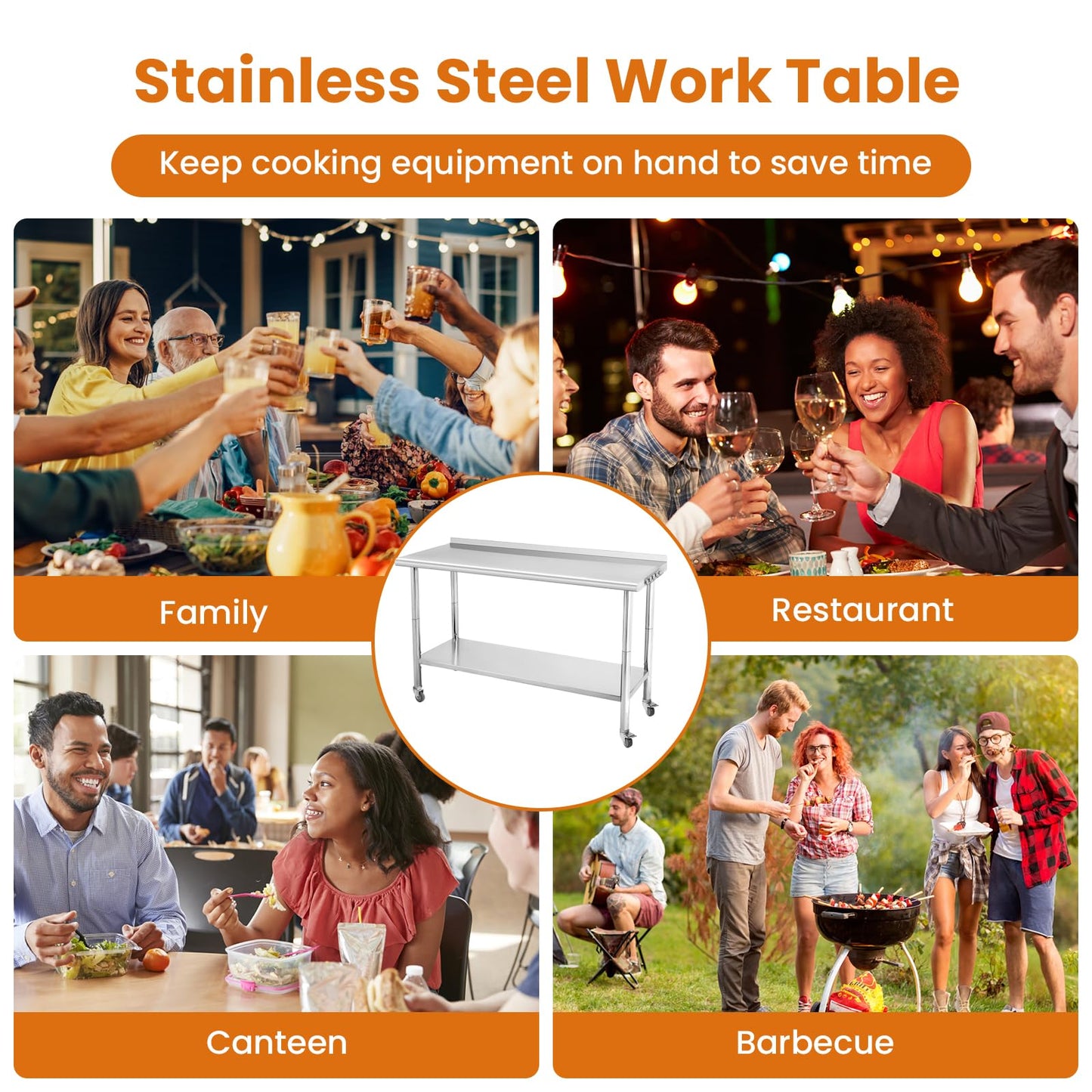 NSF Stainless Steel Table for Prep & Work, 60 x 24 Inches with Caster Wheels, NSF Commercial Heavy Duty Table with Undershelf and Hooks for Restaurant, Home and Hotel