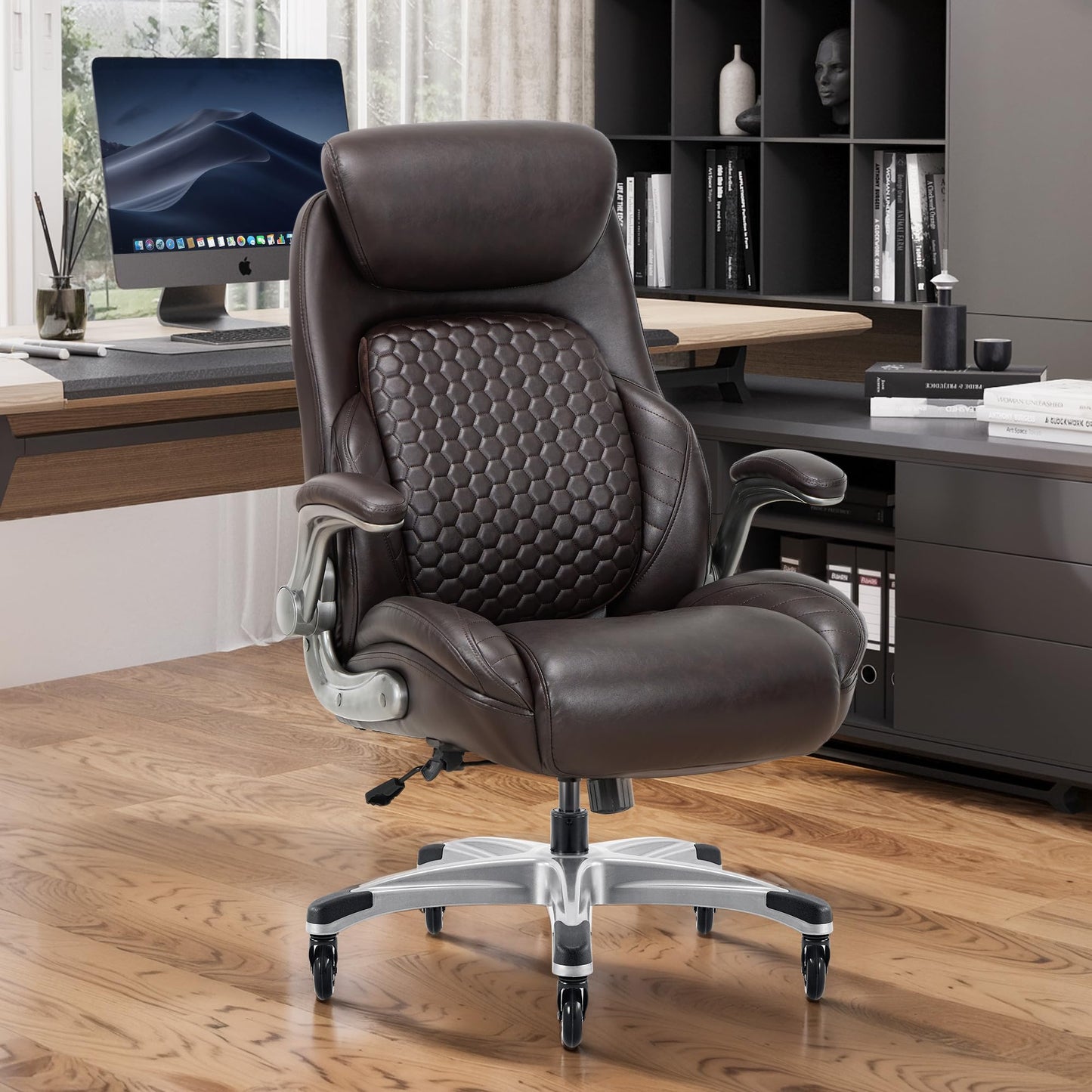 COLAMY Office Ergonomic Desk High Back Executive Chair with Pop-Out Lumbar Support, Upgraded Casters, Adjustable Headrest, Flip-Up Arms, Leather Home with Thick Cushion for Comfort - Brown