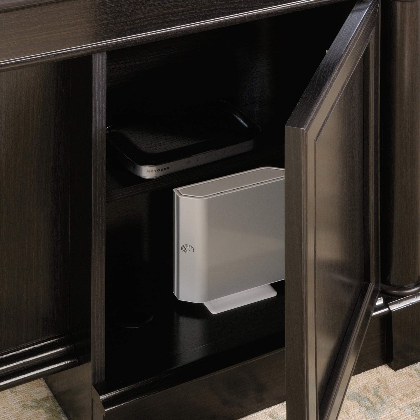 Sauder Palladia Office Desk with Drawers, Executive Desk with File Cabinet Storage, Cable Management, Keyboard Tray, in Wind Oak Finish