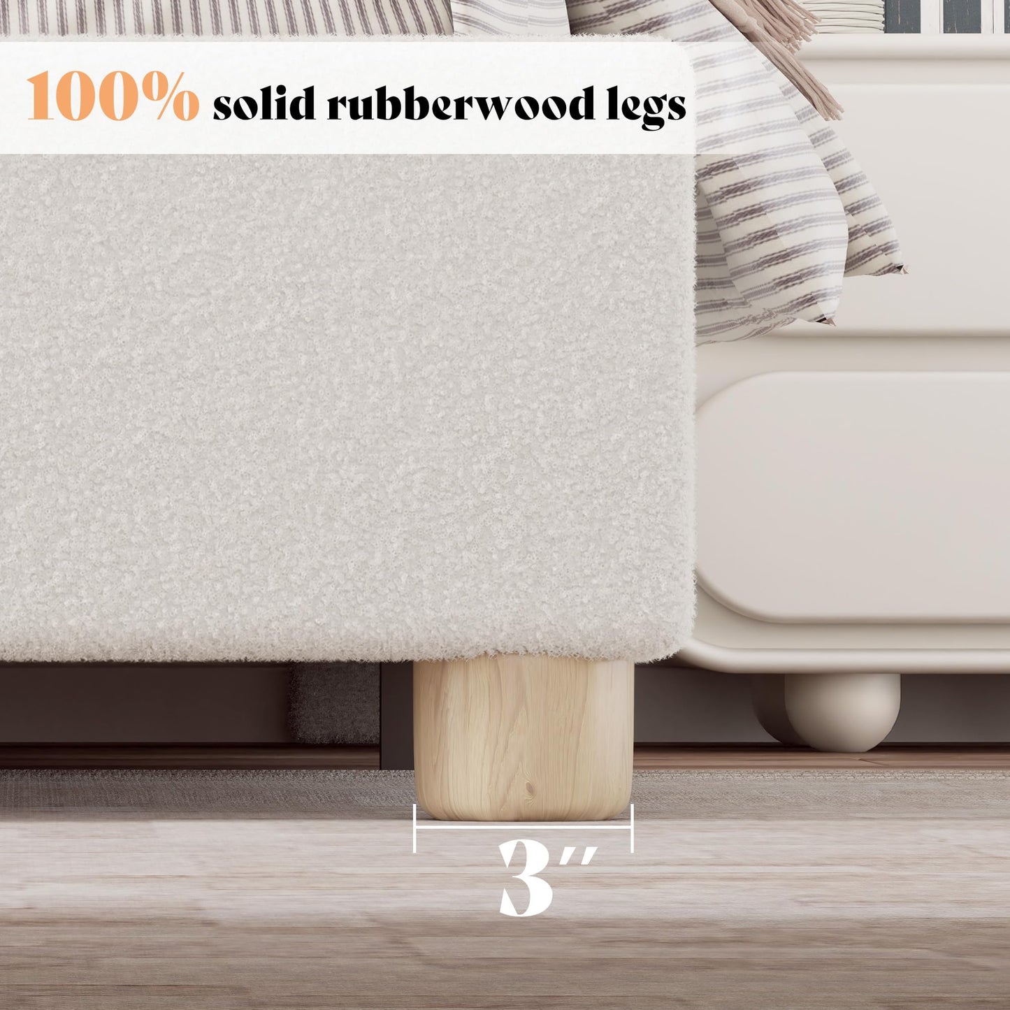 AMERLIFE King Size Upholstered Boucle Bed Frame, Soft Cloud Platform Bed with Adjustable Headboard, Modern Design, Rounded Corners, Rubberwood Legs, No Box Spring Needed, Easy Assembly, Cream