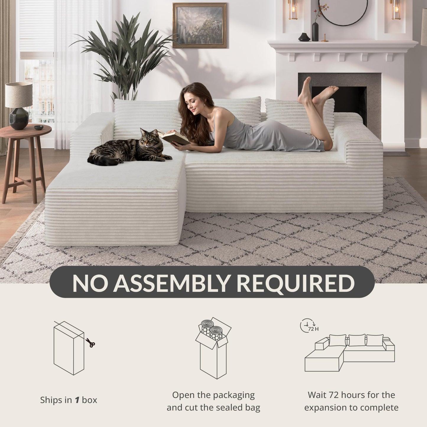 Attalee Modular Sectional Sofa for Living Room, L Shaped Compressed Corduroy Sectional Boneless Couches with Deep Seat and 4 Storage Pockets, Easy Assembly, White