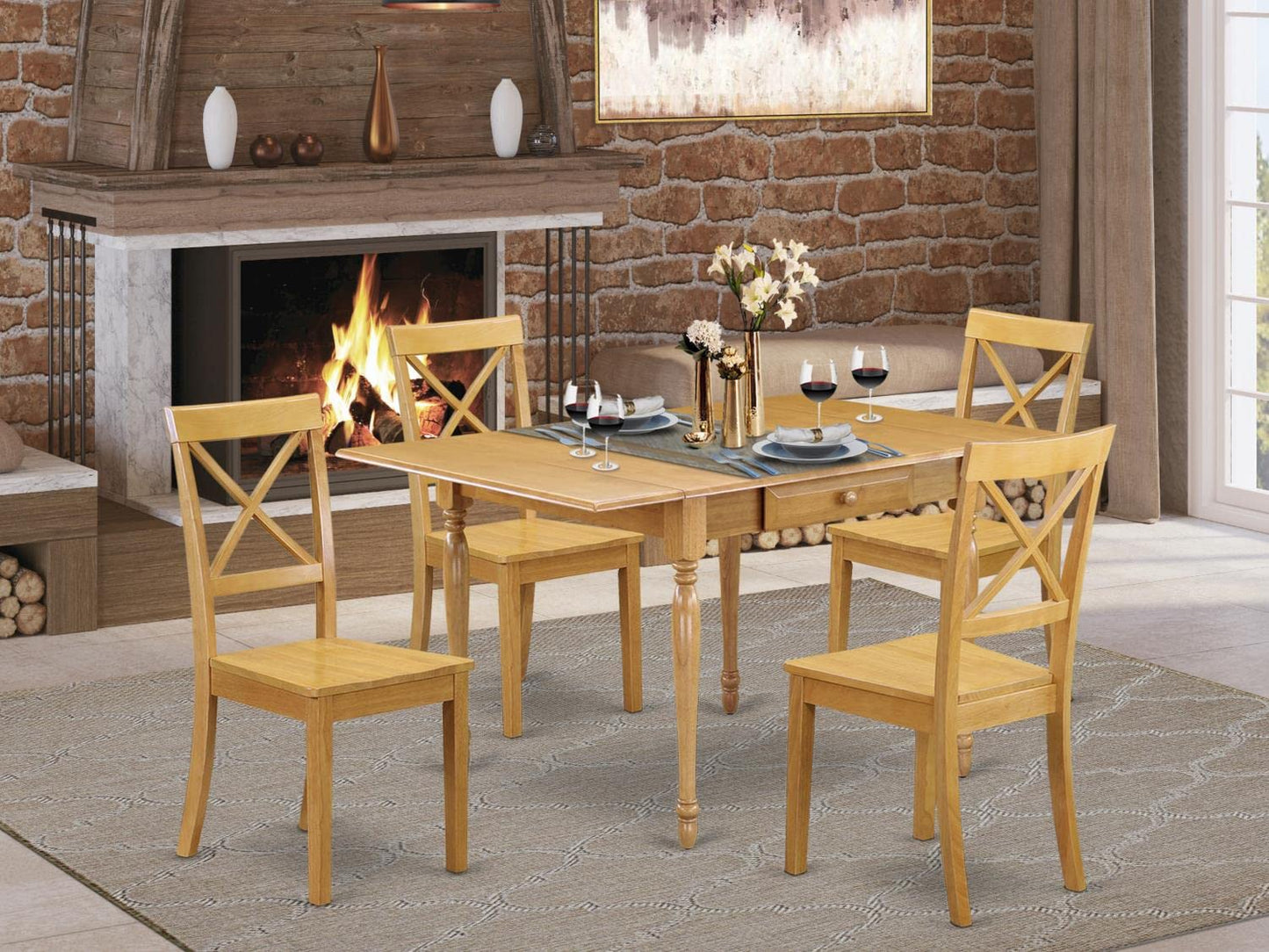 East West Furniture MZBO5-OAK-W 5 Piece Kitchen Table Set for 4 Includes a Rectangle Dining Room Table with Dropleaf and 4 Solid Wood Seat Chairs, 36x54 Inch, Oak