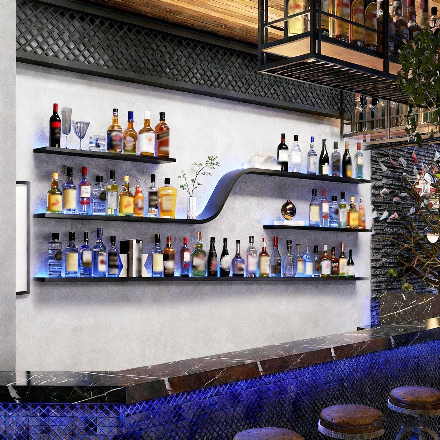 YTALUTTNIE 47in Wall Mounted Wine Rack with LED Lights, Modern Curved Design Floating Bar Shelves, Large Hanging Liquor Display Storage Organizer for Home Bar Coffee Shop Kitchen (Black, 120cm)