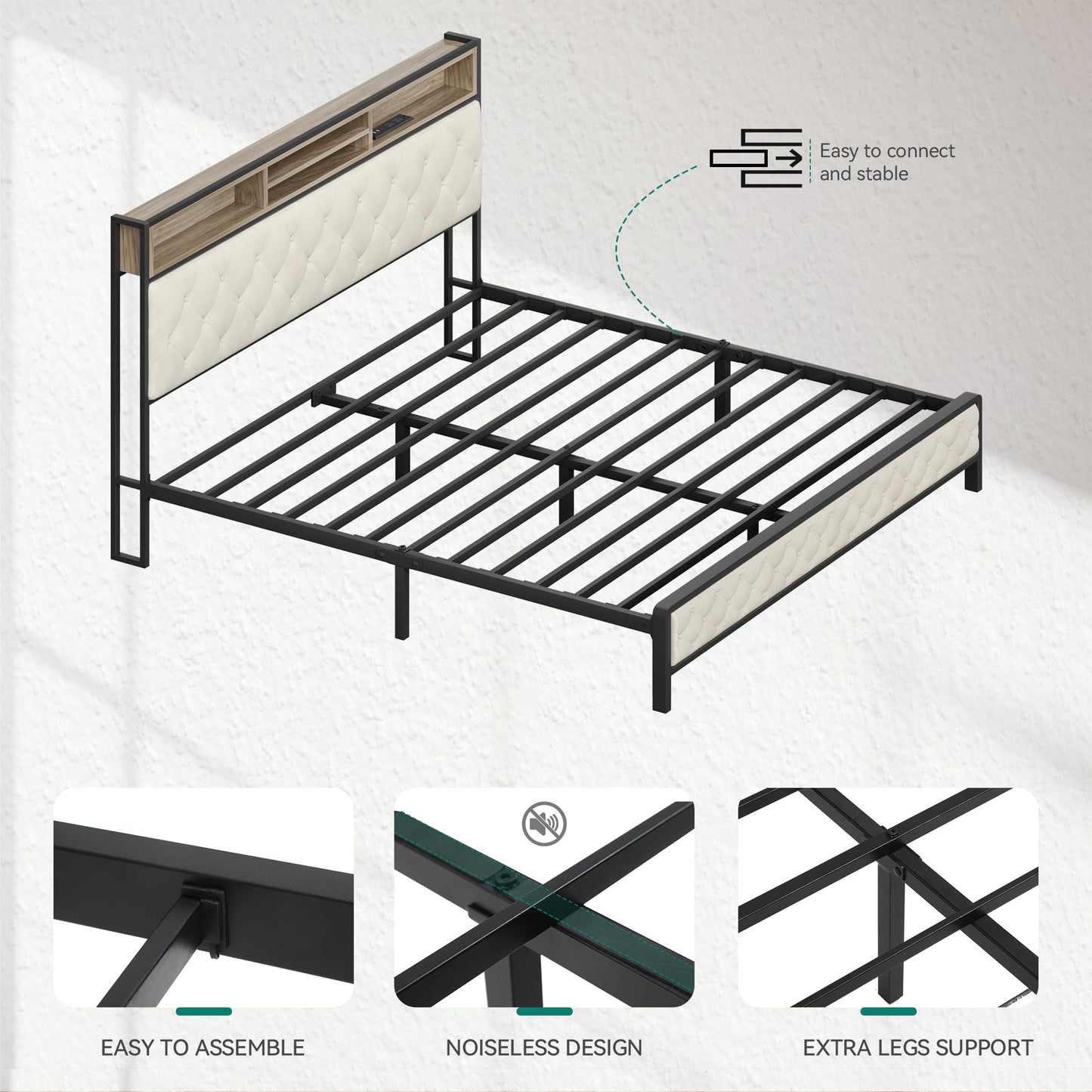 YITAHOME Queen Size Platform Bed Frame with 45.2'' Tall Headboard, Upholstered Storage Headboard with Charging Station, Large Under Bed Storage, No Box Spring Needed, Easy Assembly, Beige