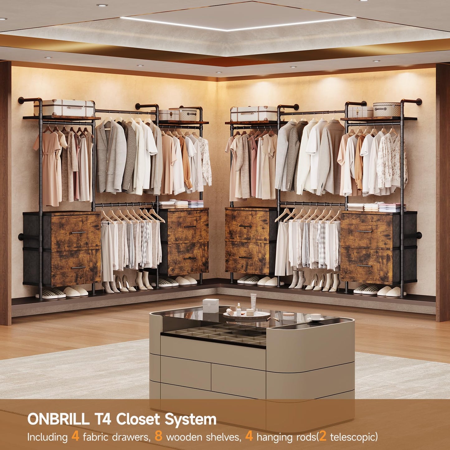 ONBRILL T4 Wall Mounted Closet System, Industrial Pipe Clothing Rack with 8 Wooden Shelves, 4 Drawers & 4 Hanging Rods (2 Expandable), Heavy Duty Closet Organizers and Storage System (Rustic Brown)