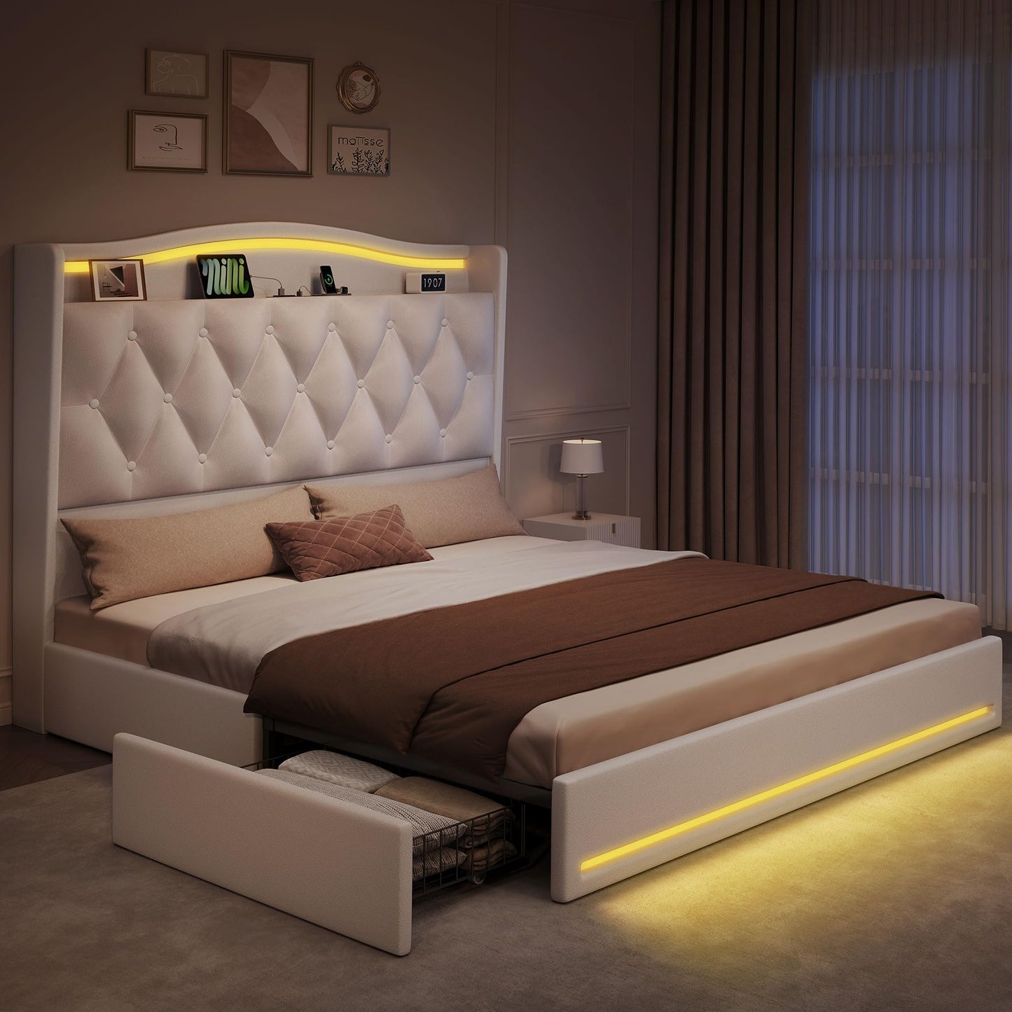 YITAHOME Queen Size Bed Frame with 4 Storage Drawers and RGB LED Lights, 57'' Tall Headboard Velvet Upholstered Bed with Charging Station, No Box Spring Needed, Easy Assembly, Noise-Free, White