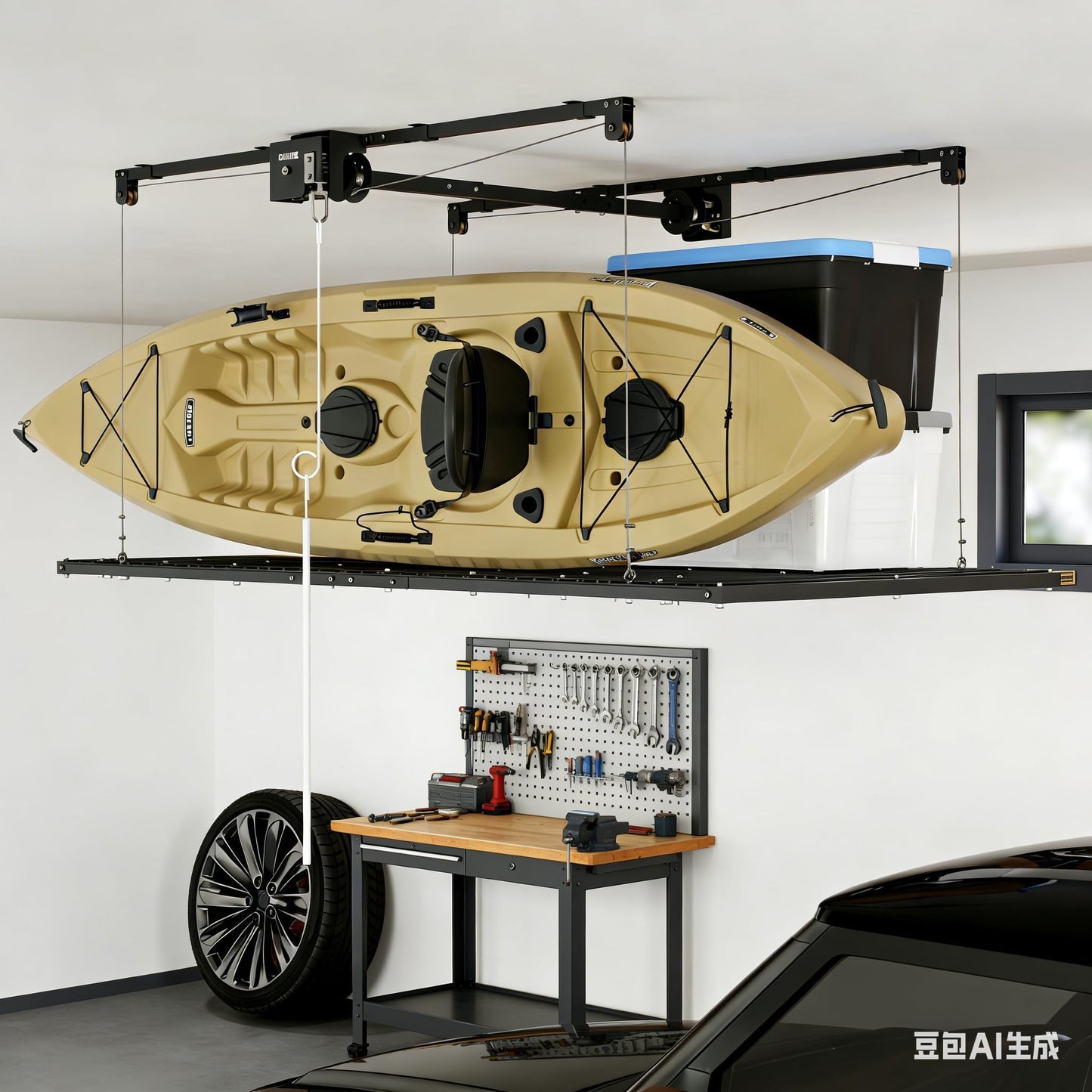 ExploreHorizon 4x8 FT Overhead Garage Lifting Storage Rack, 800 lbs Capacity & 12FT Lifting, Heavy-Duty Metal Garage Ceiling Rack, Dual Mode Lifting, Adjustable Storage System with Safety Lock