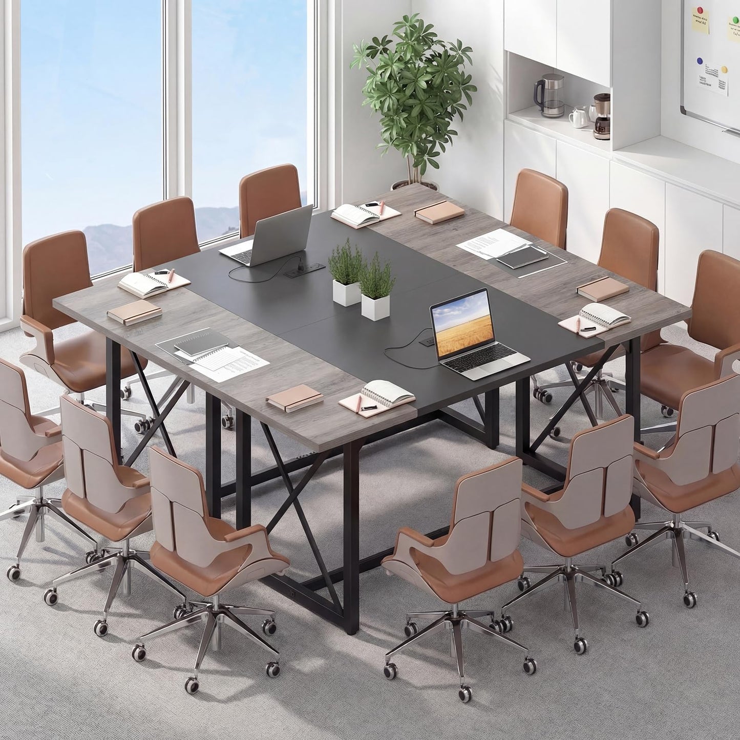 Giantex 6FT Conference Table with Power Outlets, Large Rectangle Meeting Table for 6-8 People, Modern Seminar Boardroom Table w/Stable Metal Frame, Computer Desk for Office Conference (Black,1)