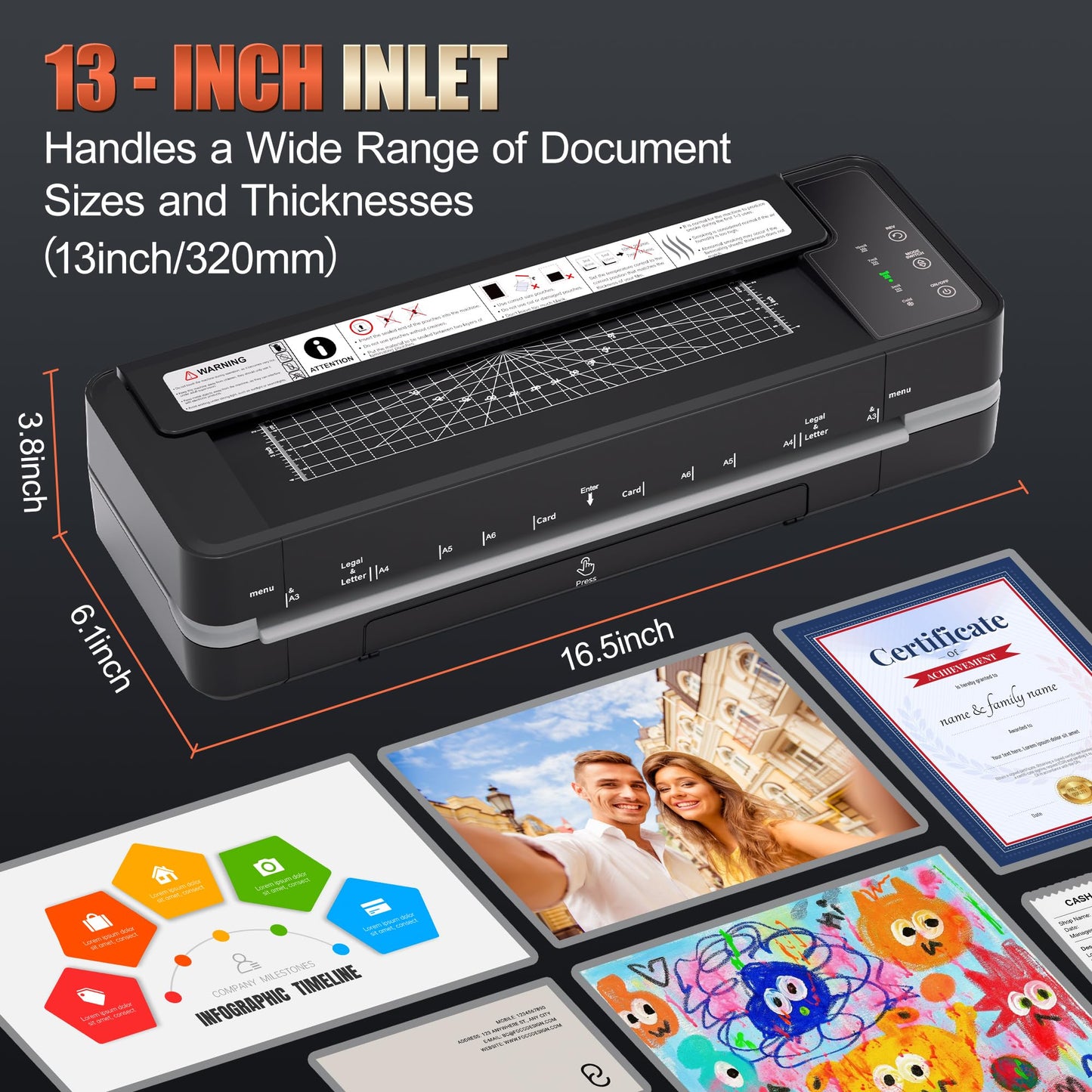 13" Heavy-Duty 4-Roller Laminator Machine, Fast 55s Warm-Up, 3-10 Mil A3/11x17 Laminating Machine, 1000mm/min Speed, Auto-Reverse Jam Prevention, Includes 30-Sheets for Office & School (Black)