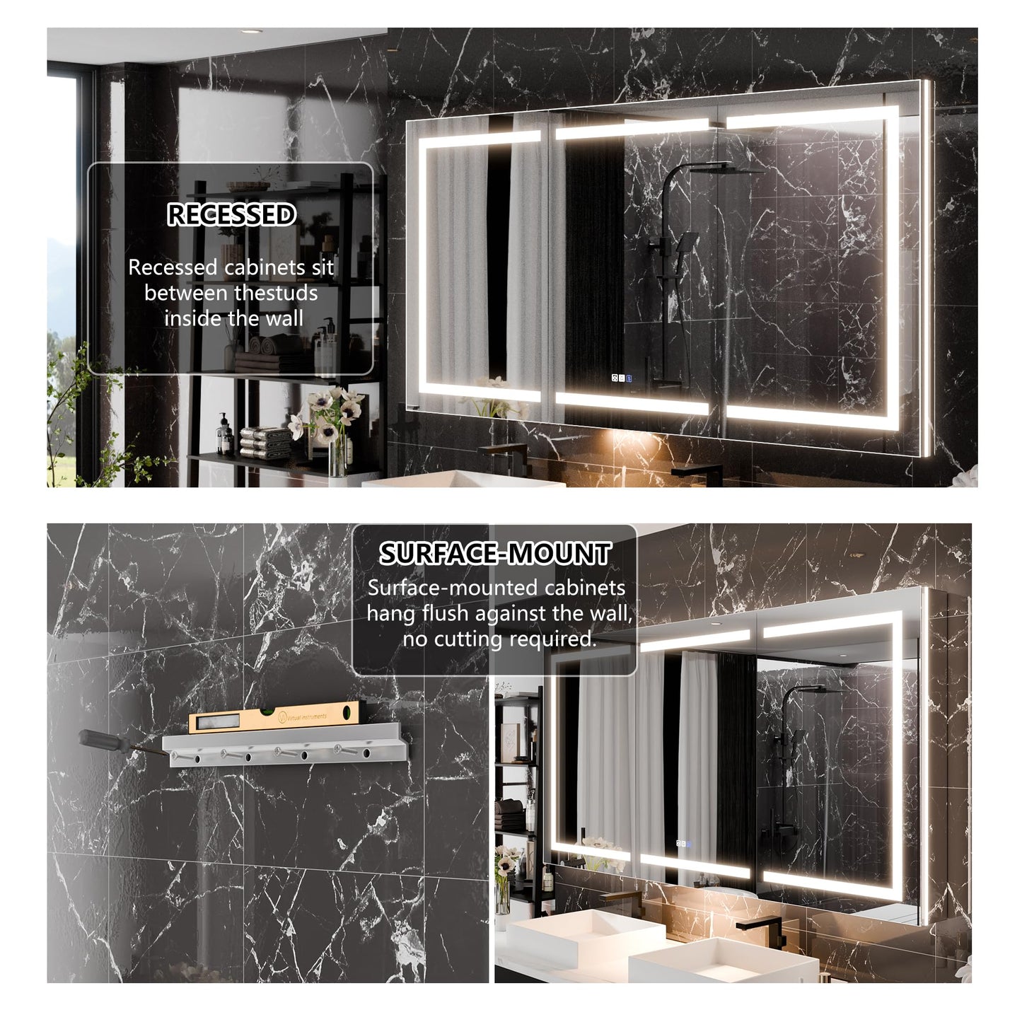 cieloshinerico Smart LED Medicine Cabinet with Mirror, 66W×36H Inch Bathroom Storage Medicine Cabinet, 3 Color Stepless Dimming & Anti-Fog, 5X Magnifier, Night Light, 3 Doors, DTC Soft-Close Hinges
