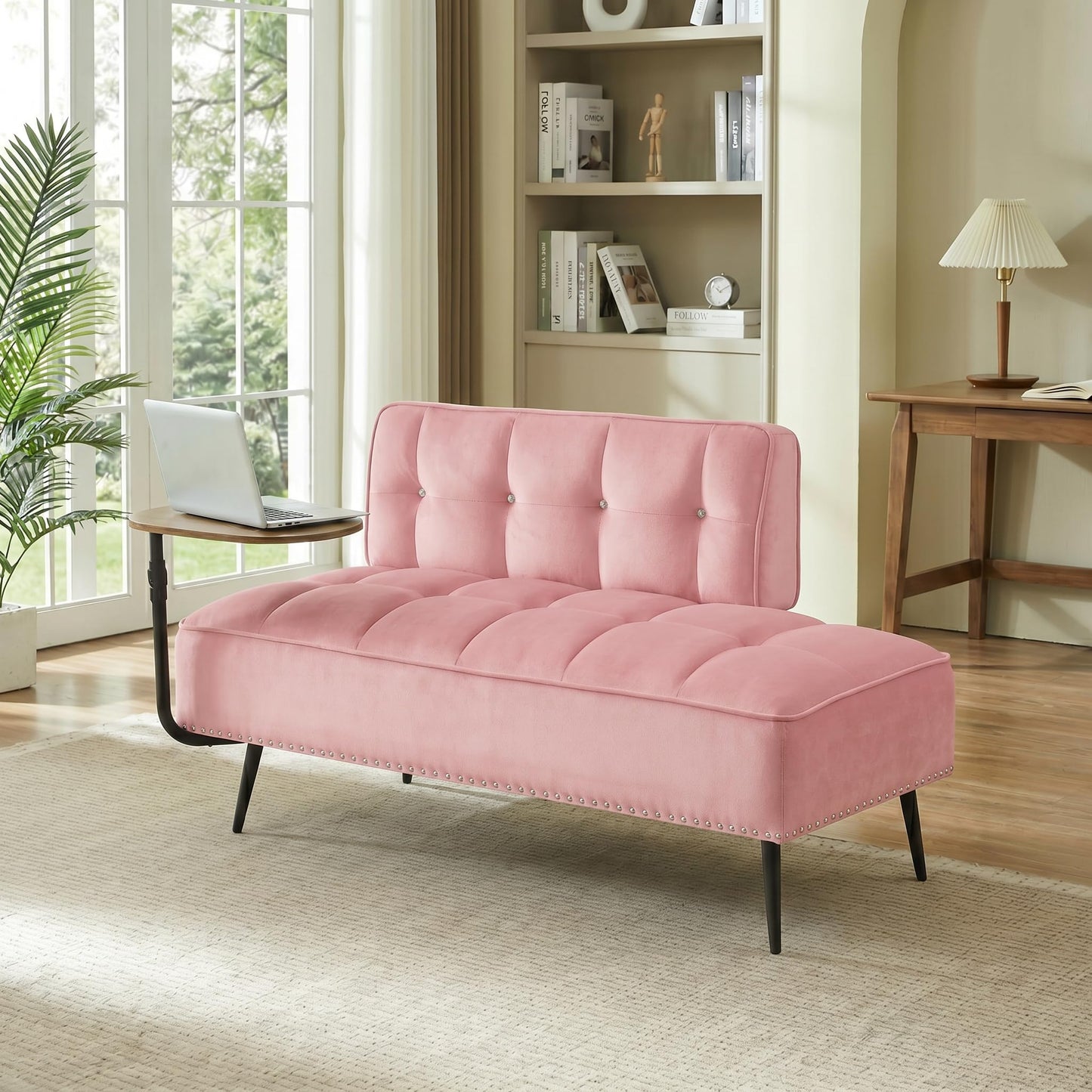 Trygoal Velvet Loveseat Sofa Couch, Futon Sofa Couch with 360° Swivel Side Table, Small Couches with Backrest and Foam Cushion for Small Spaces, Entryway Bench, Apartment, Bedroom, Pink