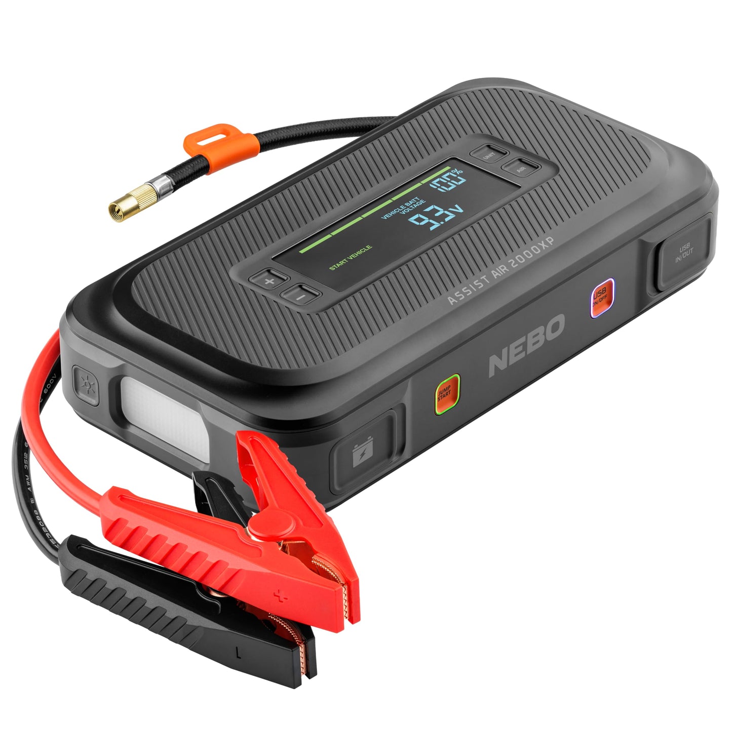 NEBO Assist 2000A Jump Starter & Air Compressor | 2000 Peak Amps, 55.5Wh Portable Car Jump Box for 12V Vehicles & Tire Inflator with Auto Shut-Off, Spark-Proof, USB-C Power Bank, Emergency LED Light