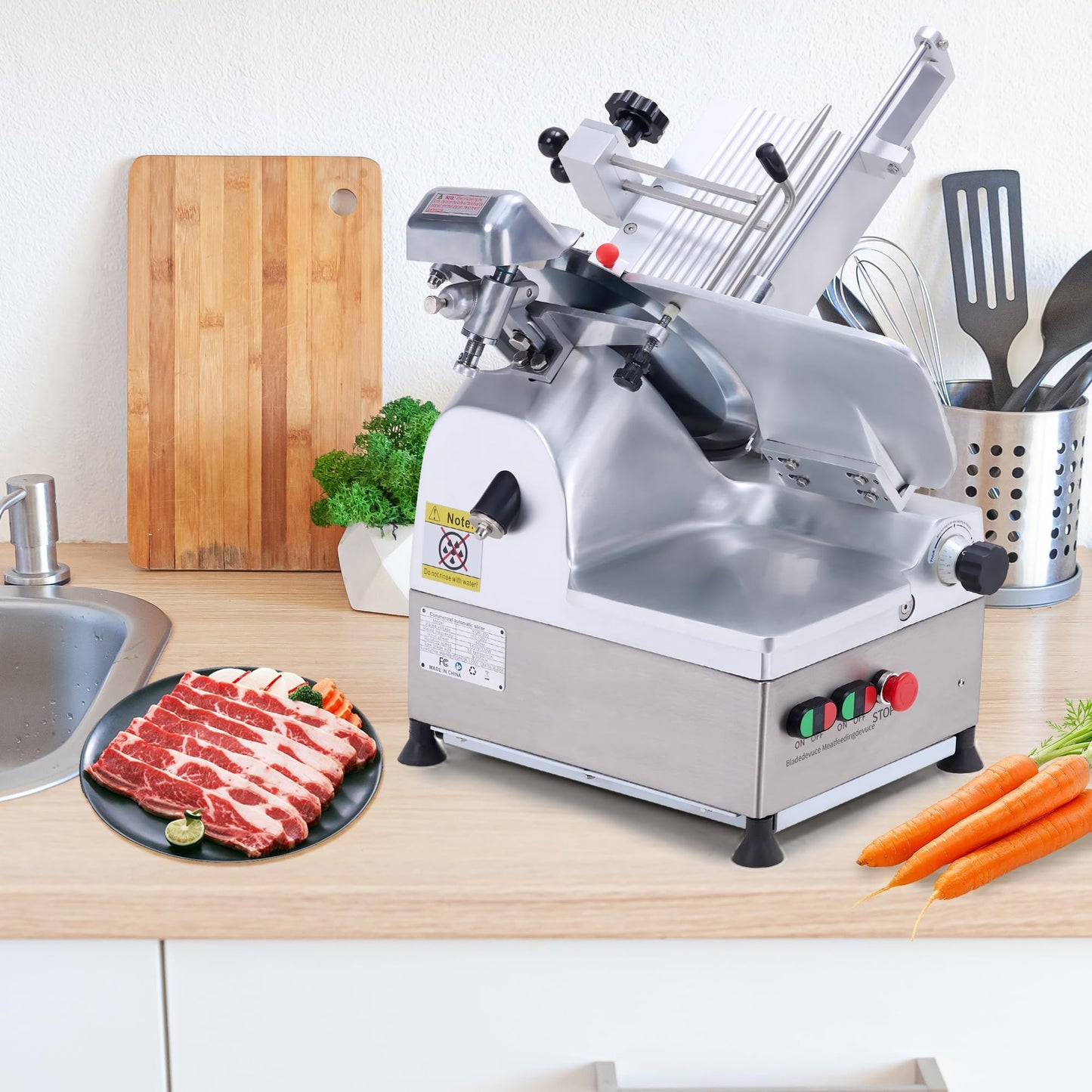 550W Automatic Meat Slicer, Electric Meat Cutter with 12" Carbon Steel Blade for Kitchen Commercial Use