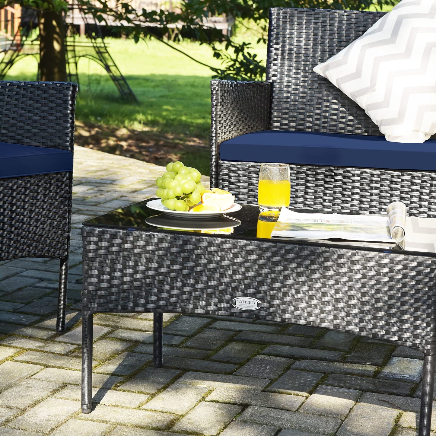 Tangkula 4 Pieces Patio Furniture Set, Outdoor Wicker Conversation Set with Tempered Glass Tabletop, Rattan Sofa and Chairs Set with Off White & Navy Cushion Covers