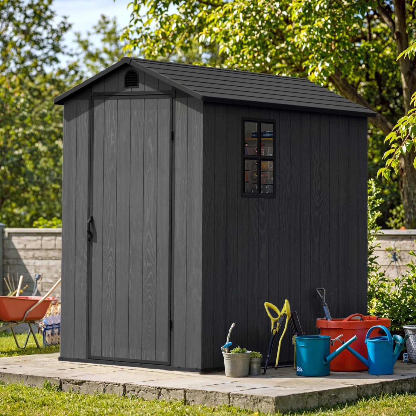 Greesum 4x6FT Plastic Storage Shed with Floor, Resin Outdoor Storaged Sheds with Lockable Door, All Weather Tool Shed with Window and Vent, Easy Assembly for Garden, Patio, Yard, Dark Gray
