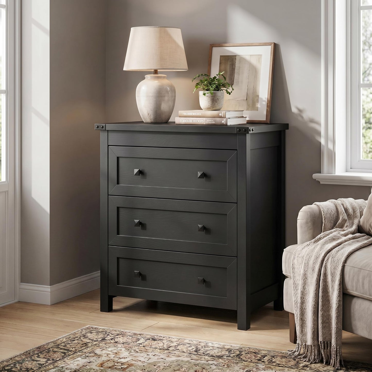 BORNOON 3-Drawer Night Stand Set of 2, Modern Bedside Table Dresser with Metal Handles, Sturdy Wooden End Side Table Storage Cabinet with Anti-Tipping Design for Bedroom