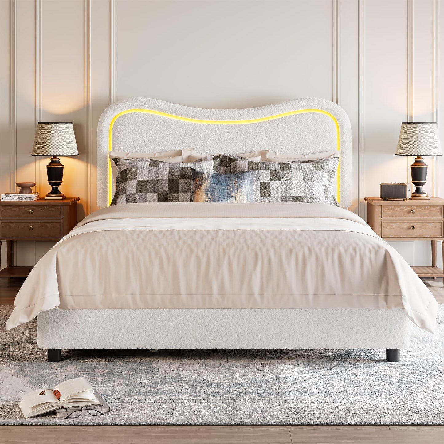 Garvee Boucle Full Bed Frame with 2 Storage Drawers, Upholstered Platform Bed with LED Headboard, Wood Slats Support, No Box Spring Needed for Kids, Teens-White