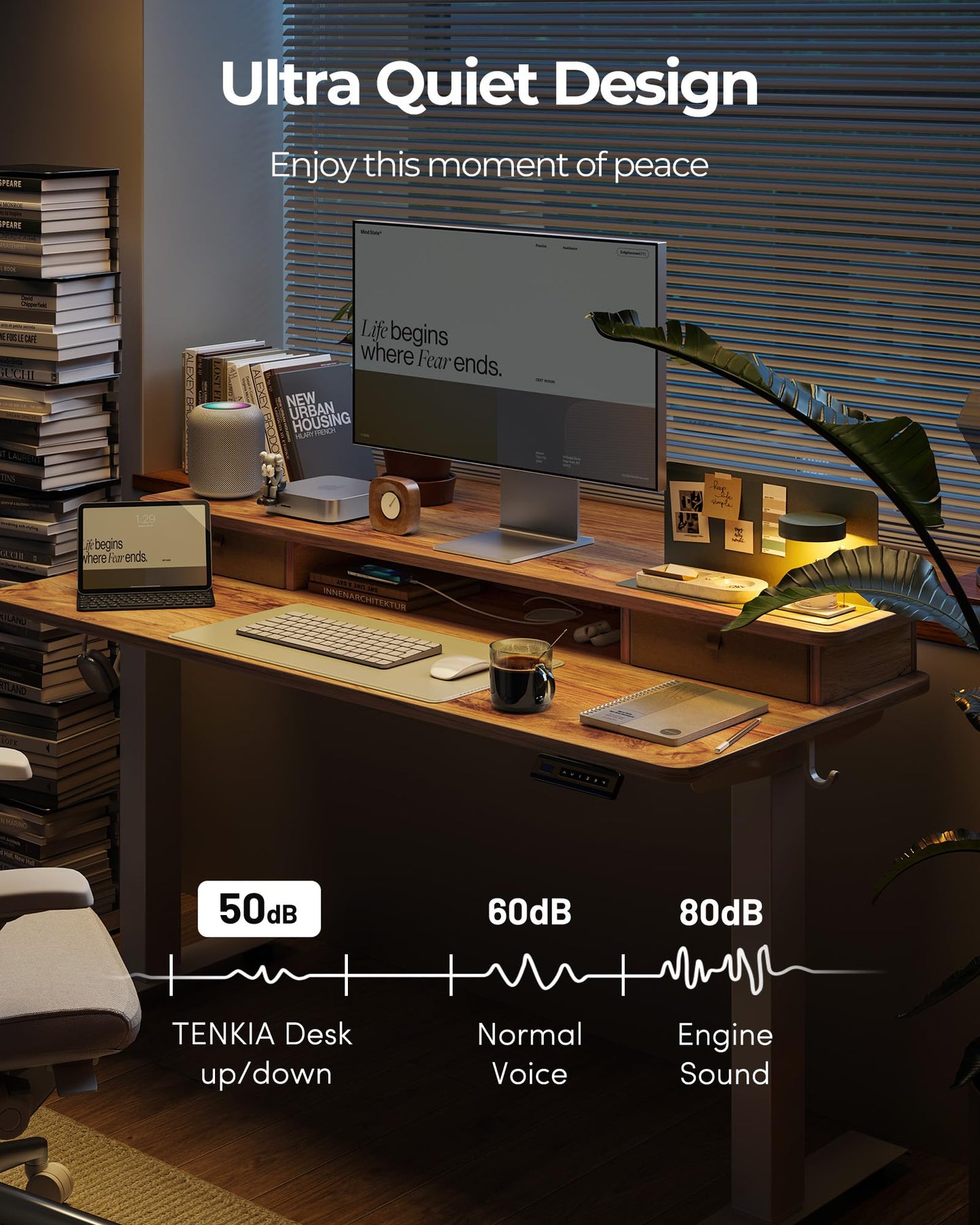 TENKIA 55x24 Inch Electric Standing Desk with Double Drawers, Adjustable Feet & Hooks, Ergonomic Home Office Workstation, Light Rustic