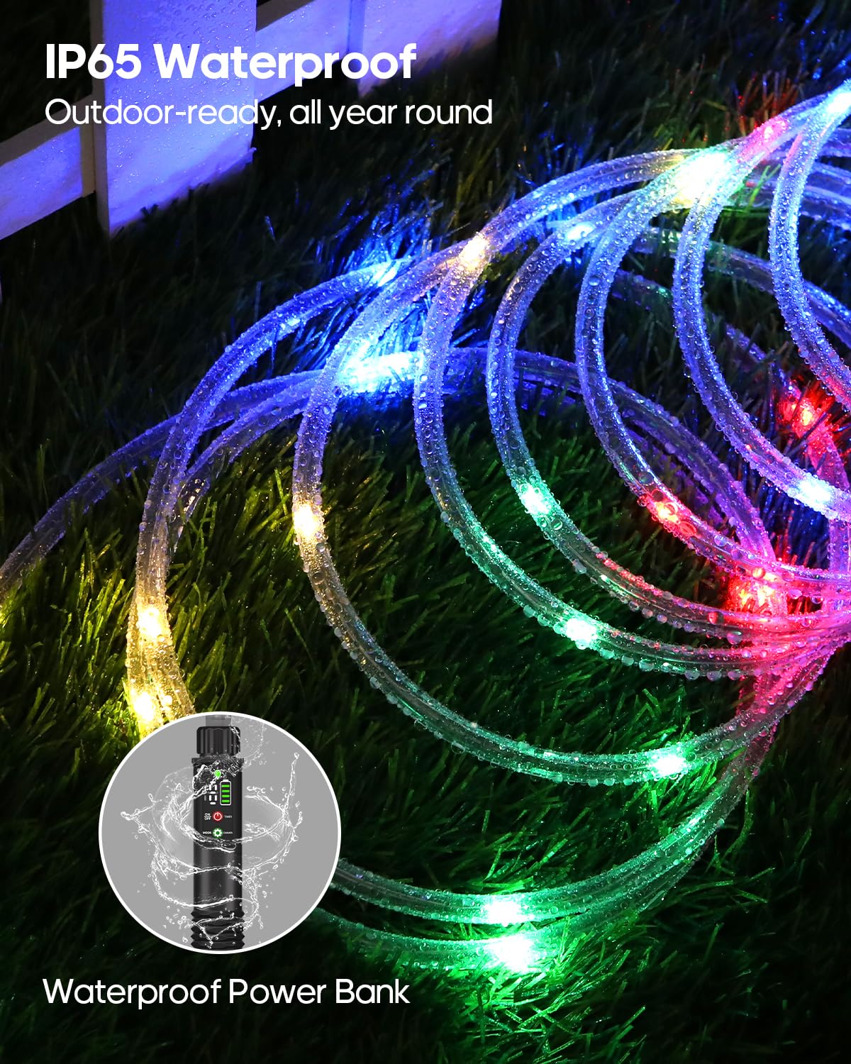 Soiarllt Rechargeable Rope Lights, Outdoor Waterproof String Lights, 39FT, Multicolor, 1200mAh Battery, 8 Modes, Model SLSL016