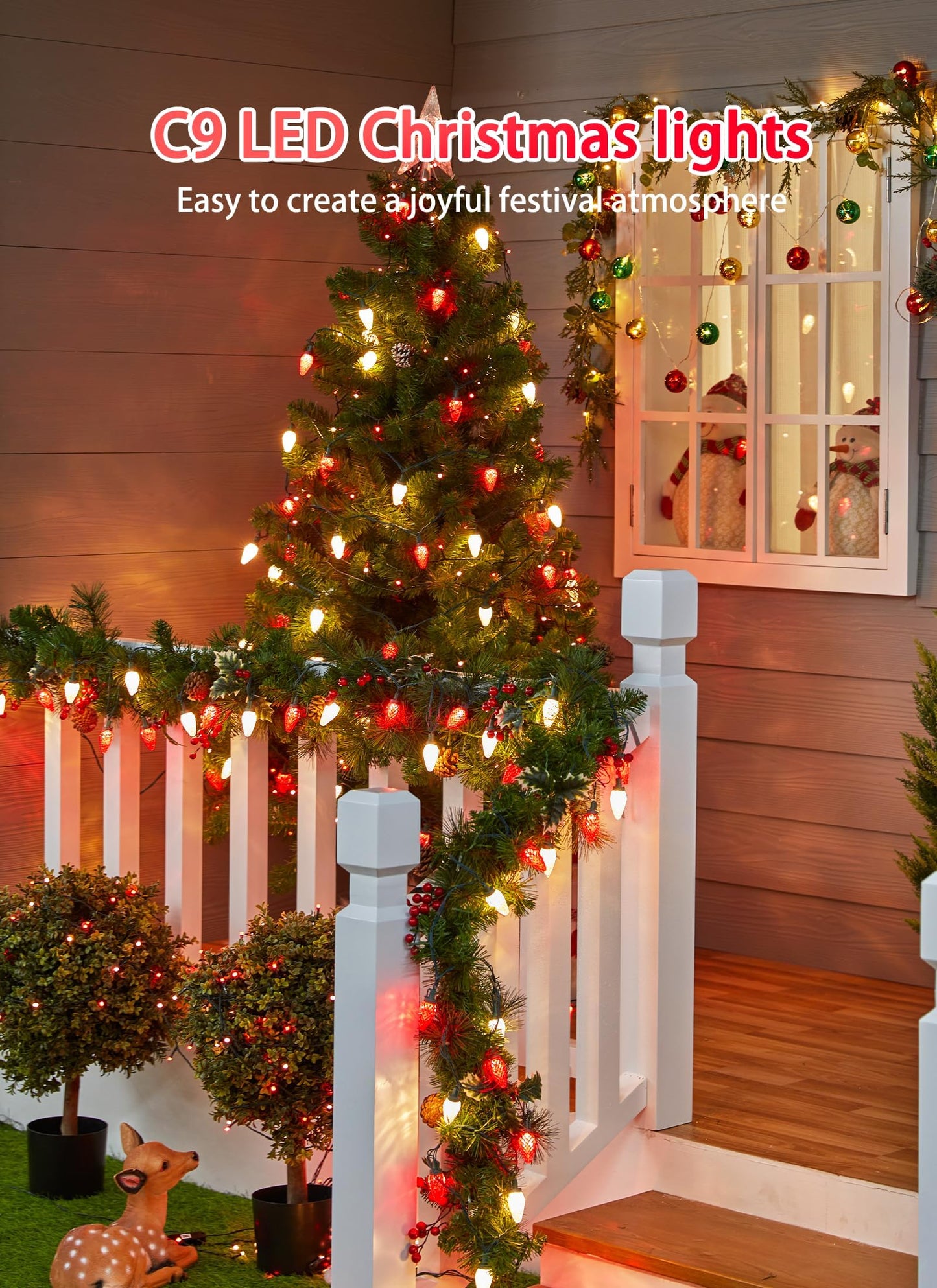 Minetom C9 LED Christmas String Lights, 100 LEDs, 82ft, Red and Warm White, Outdoor with Timer, Model GVLV100/10F