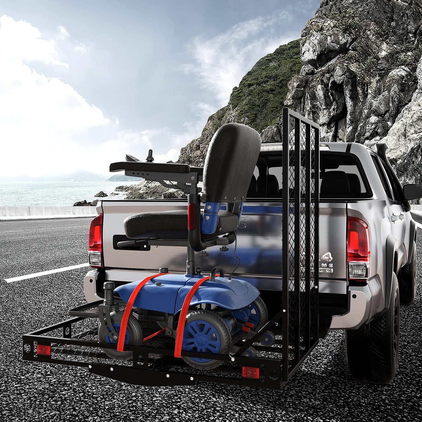 ERGOMASTER Hitch Cargo Carrier with Ramp, 49 '' x 28'' Folding Hitch Mount Mobility Scooter Wheelchair Carrier (Fully Foldable)