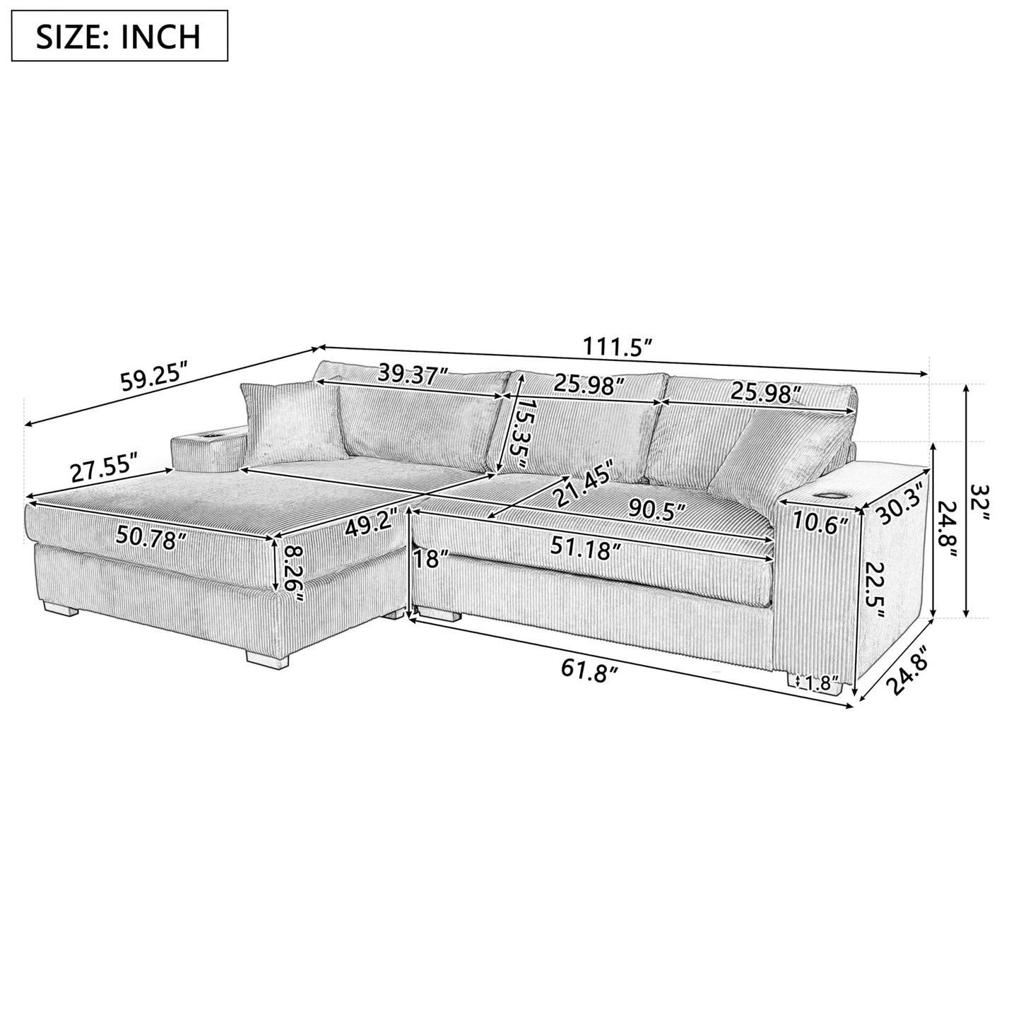 Merax Modern Oversized L-Shaped Sectional Sofa with USB Charging Port,Cup Holder, Comfy Corduroy 4-Seat Couch Set Sleeper Bed for Living Room,Green