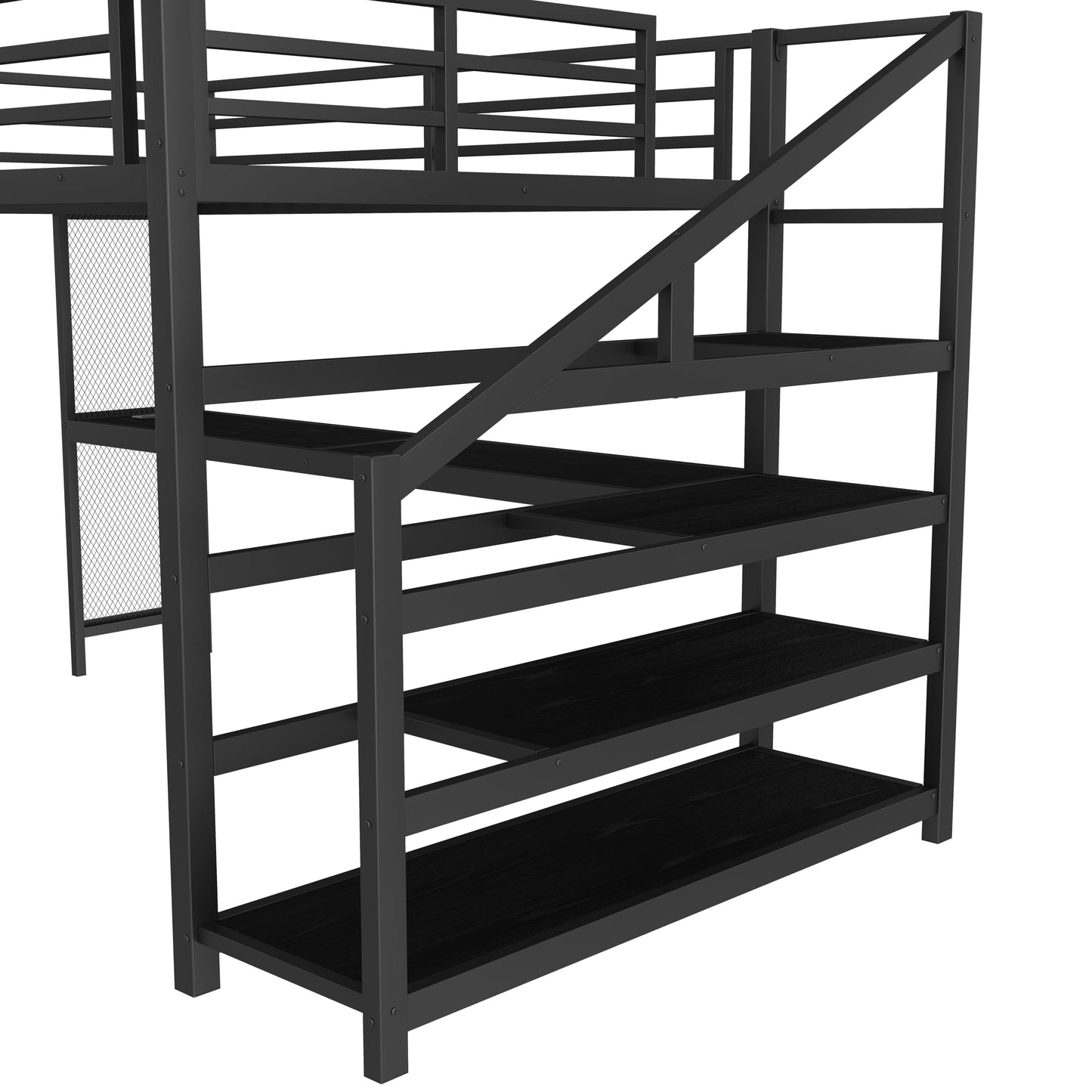 Bellemave Queen Loft Bed with Desk & Storage Stairs, Metal Queen Size Loft Bed Frame with Iron Nets, LED Lights & USB Ports, Heavy Duty Adult LoftBed for Bedroom, Noise-Free, Black Wood