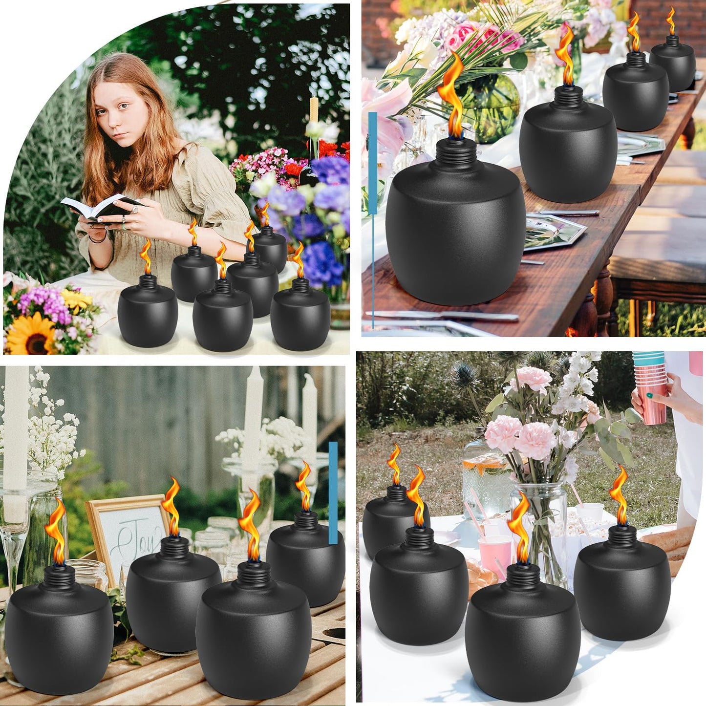 FALBAWR Citronella Tabletop Torches, 21.5 oz, Black, 6-Pack, Metal Oil Burner Candles for Outdoor Use
