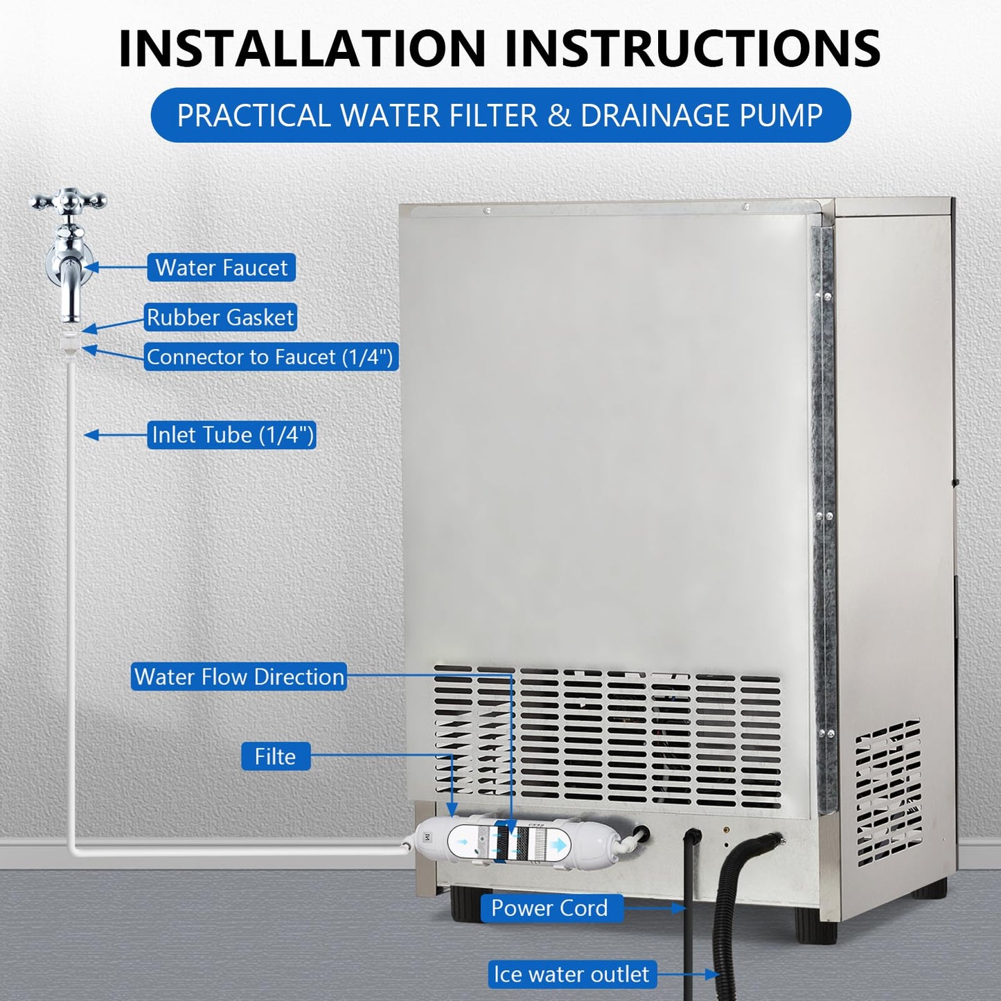 Garvee Commercial Ice Machine, 100 LBS/24h Ice Maker with 2 Water Inlet Modes, 50Pcs/Cycle, 33 LBS Storage Bin, Ice Machine for Home Bar, Coffee Shop, Business
