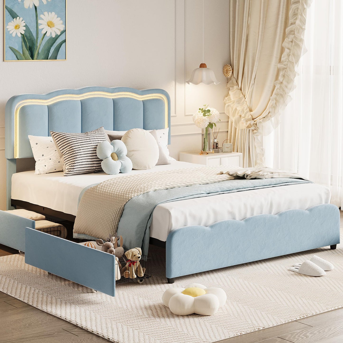 GarveeHome Full LED Bed Frame, Kids Platform Bed with 2 Large Storage Drawers, Velvet Upholstered Princess Bed for Girls & Boys, Wooden Slats Support, No Box Spring Needed, Easy Assembly, Blue