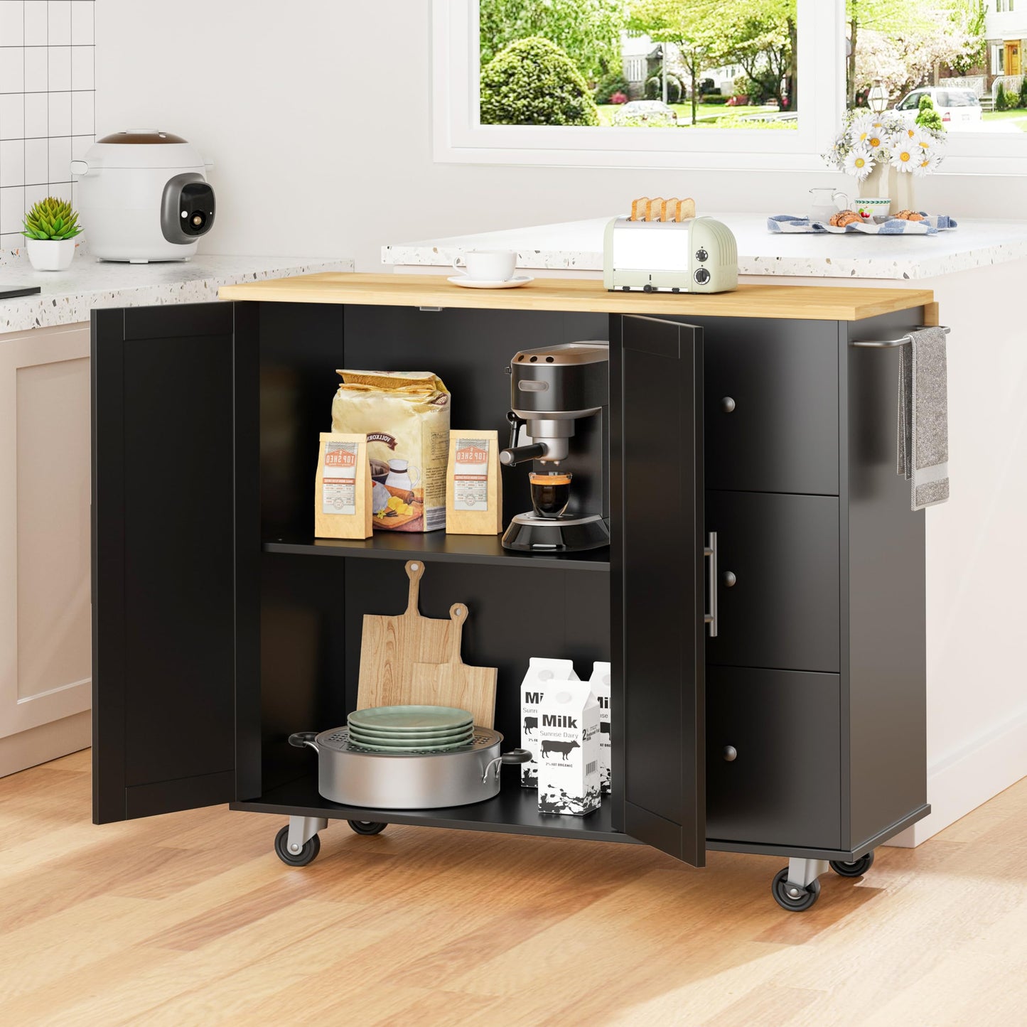 Shintenchi Kitchen Island with Folding Drop Leaf, Rolling Island Table with Storage, Kitchen Cabinet on Wheels with Seating Area for Kitchen, Bar Cart with Cabinet, Black