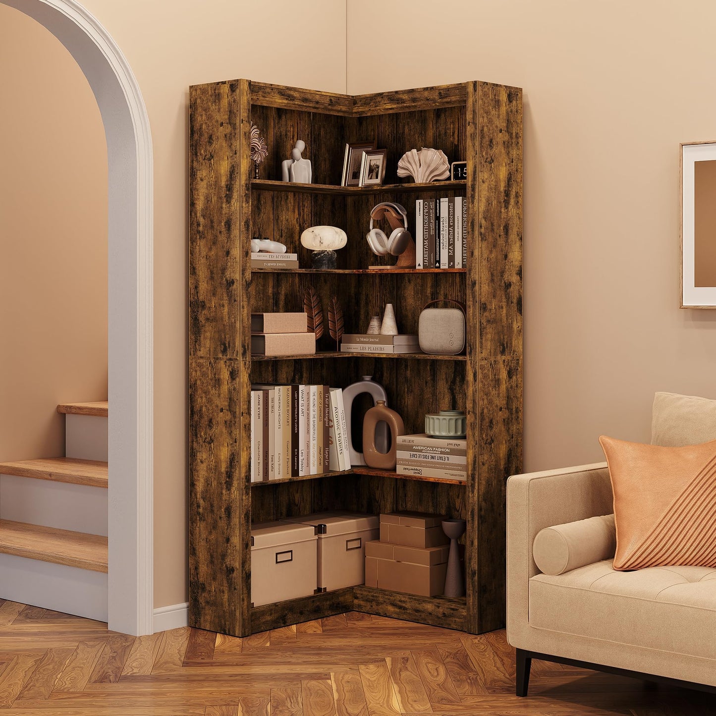 Garvee Retro Corner Bookshelf 71.8 in l-Shaped Bookshelf, Large Corner Bookcase with Anti-Tipping Kit, 5 Tier l Shape Display Shelf for Living Room Home Office