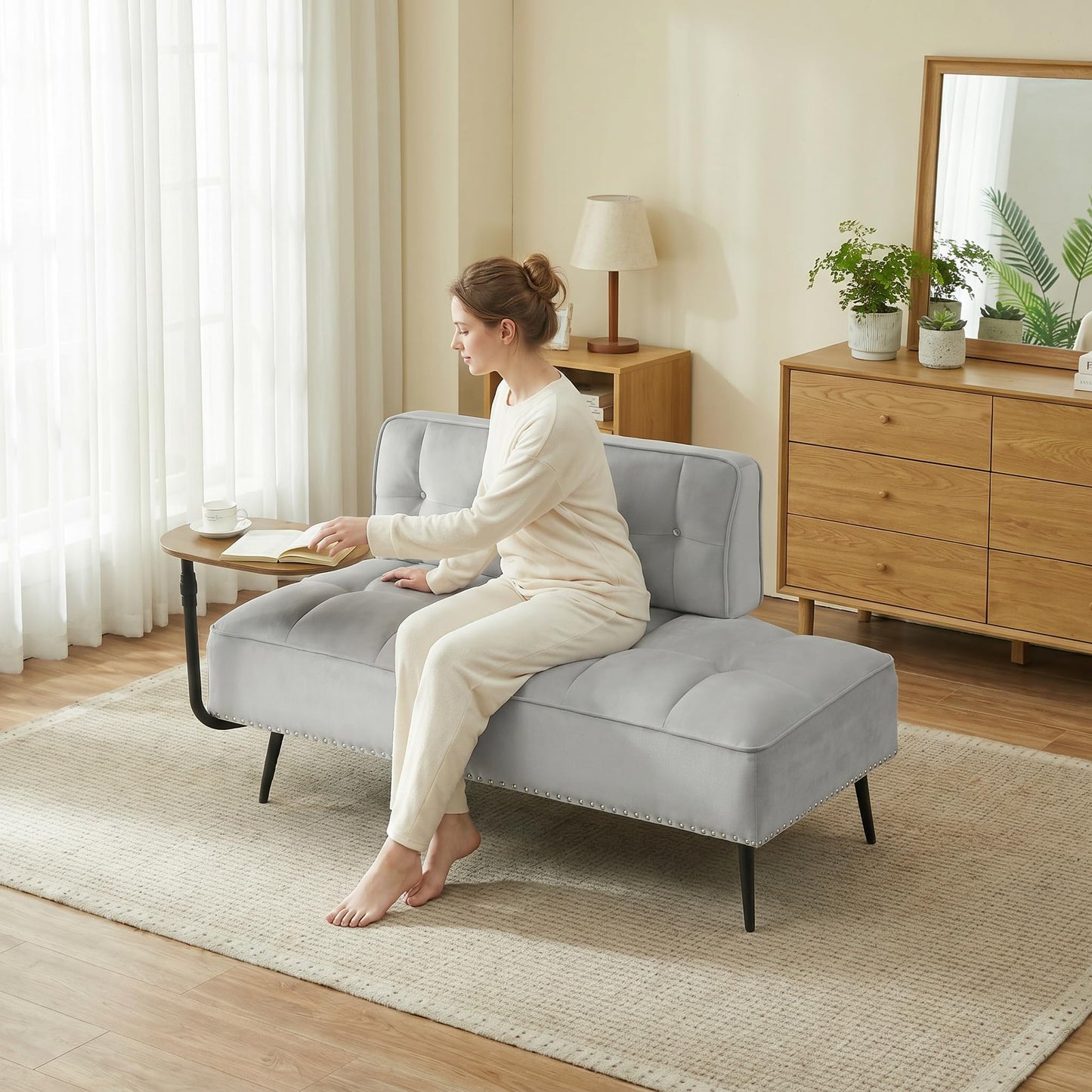Trygoal Velvet Loveseat Sofa Couch, Futon Sofa Couch with 360° Swivel Side Table, Small Couches with Backrest and Foam Cushion for Small Spaces, Entryway Bench, Apartment, Bedroom, Gray