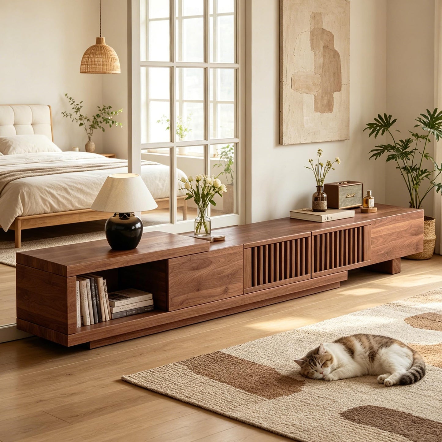 NessCarsti Mid Century Modern TV Stand for 75+ Inch TVs, Extendable Media Console (78"-103") with Ample Storage - Sleek Walnut Entertainment Center for Living Room